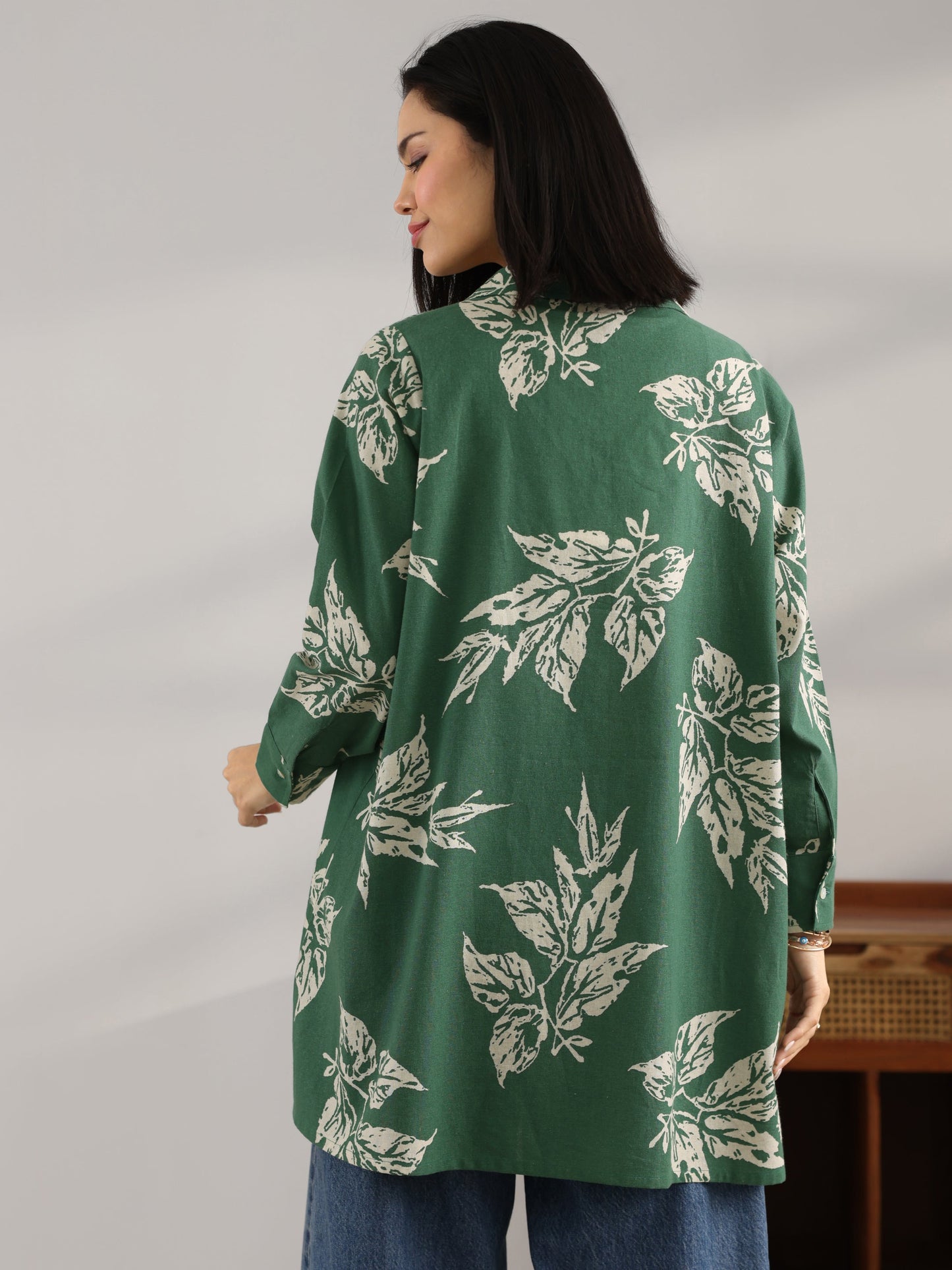 Green Printed Cotton A-Line Shorti Kurti