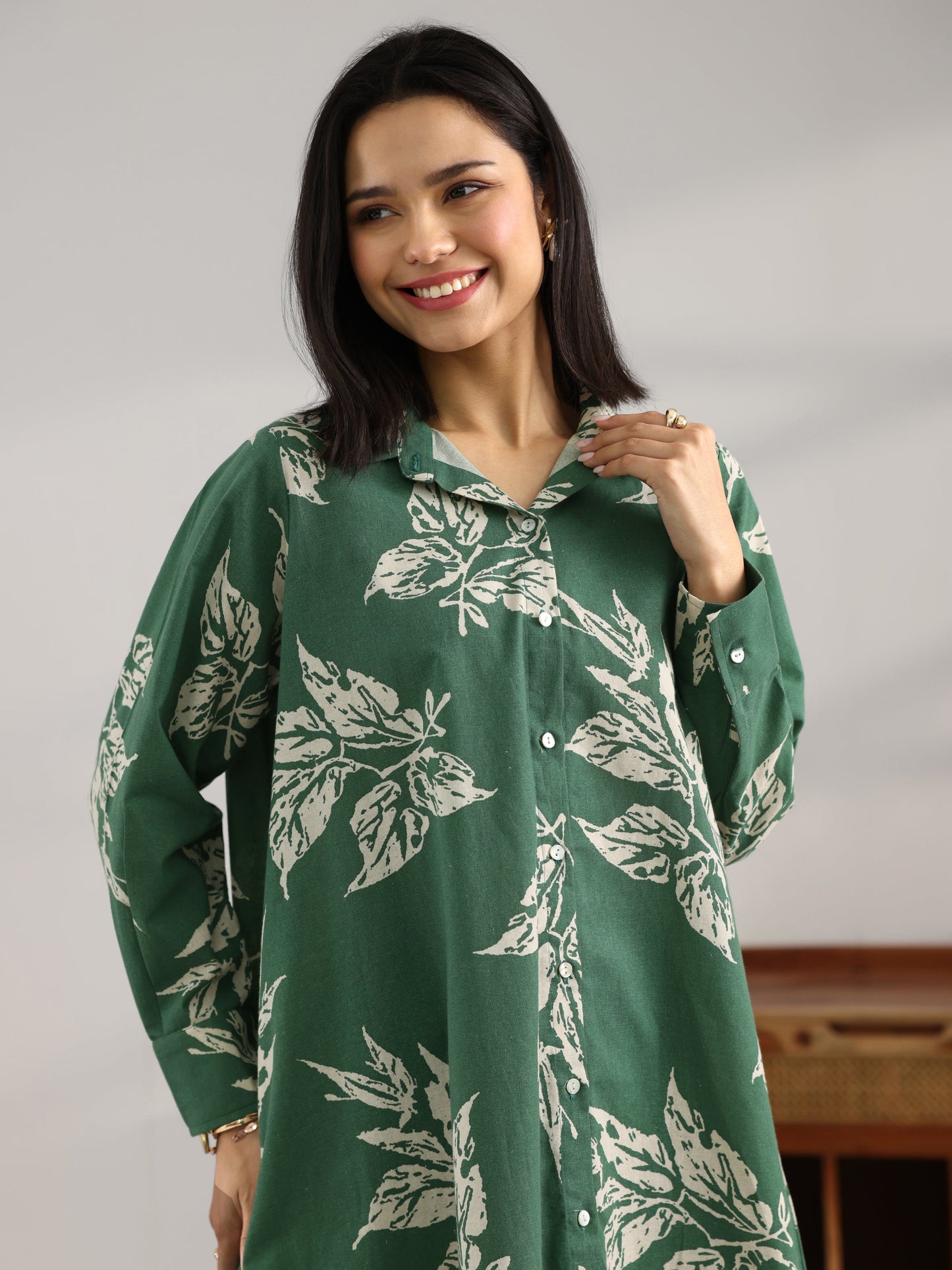 Green Printed Cotton A-Line Shorti Kurti