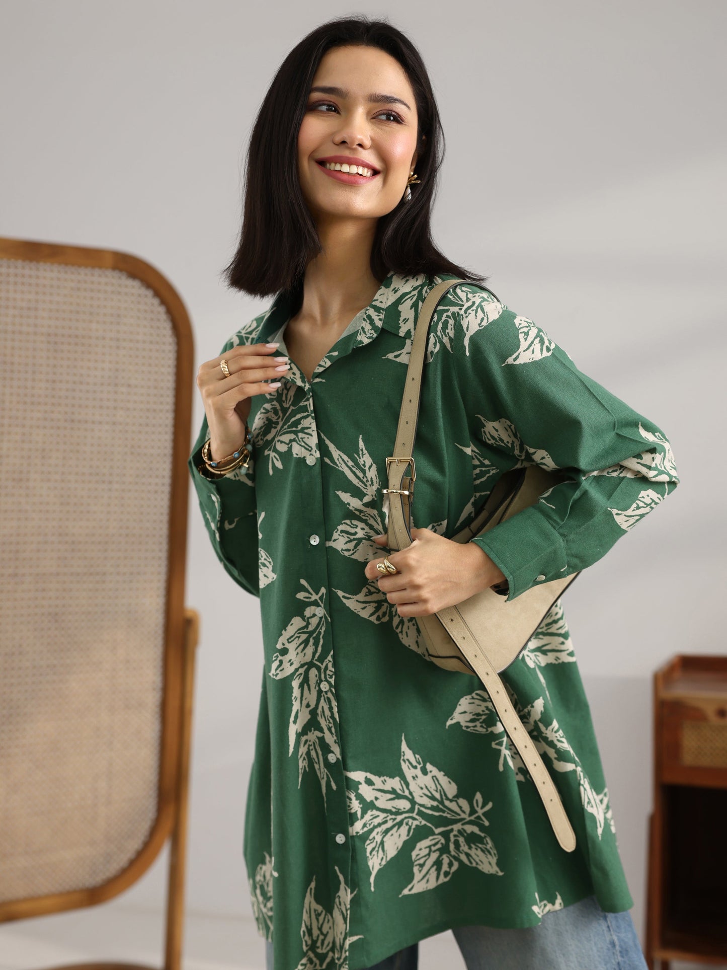 Green Printed Cotton A-Line Shorti Kurti