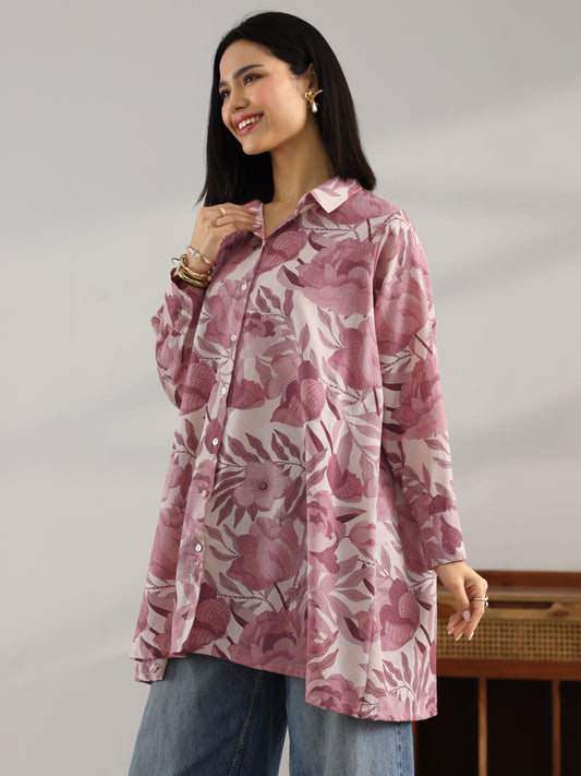Mauve Printed Cotton A-Line Shorti Kurti