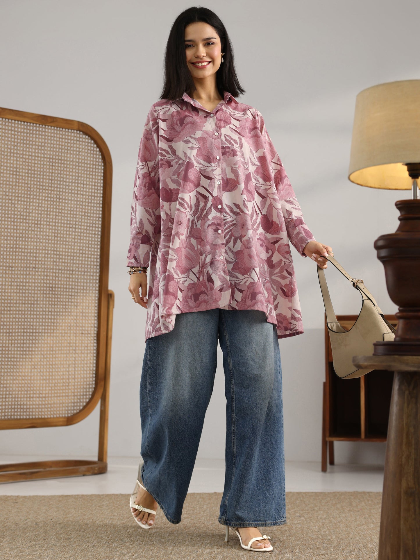 Mauve Printed Cotton A-Line Shorti Kurti