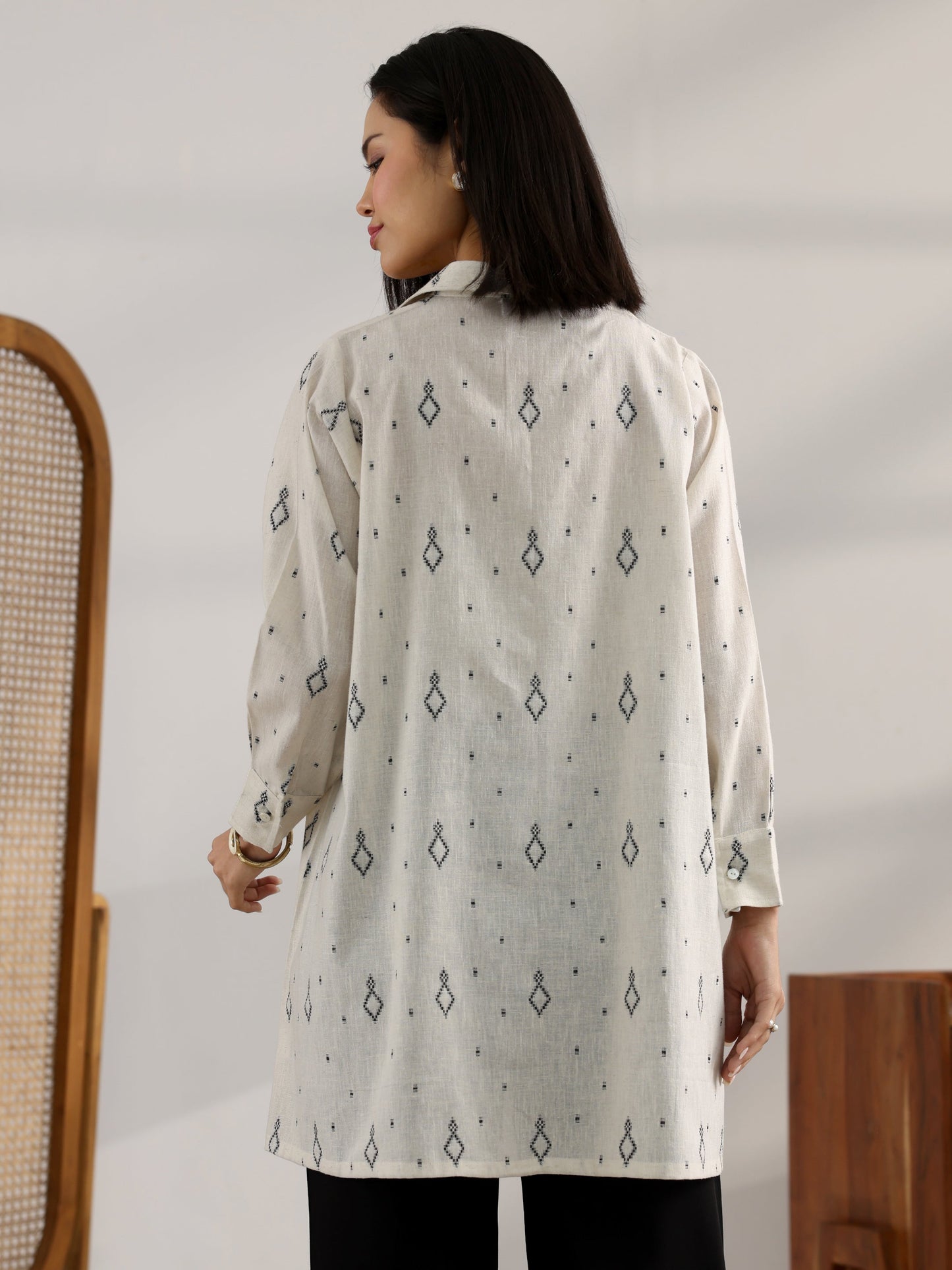 Off White Woven Design Cotton Blend Straight Short Kurti