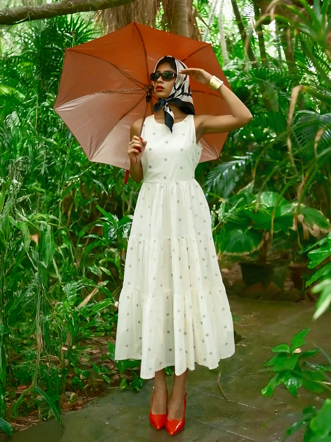 Off White Printed Cotton Tiered Fit And Flare One Piece Dress