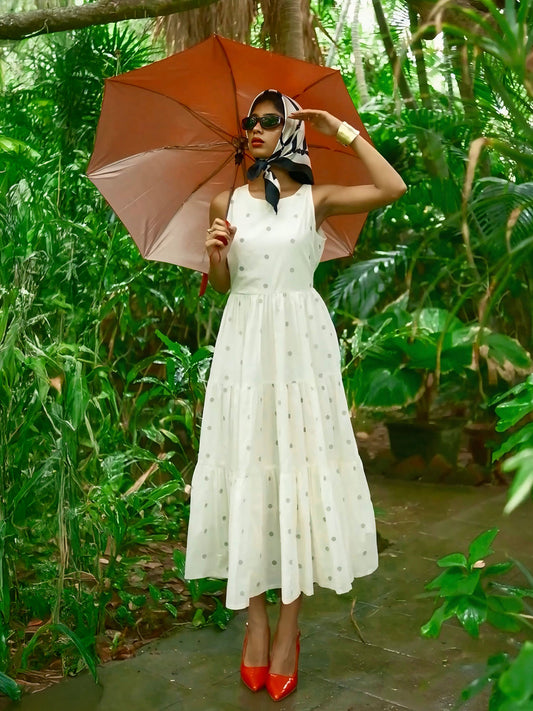 Off White Printed Cotton Tiered Fit And Flare One Piece Dress