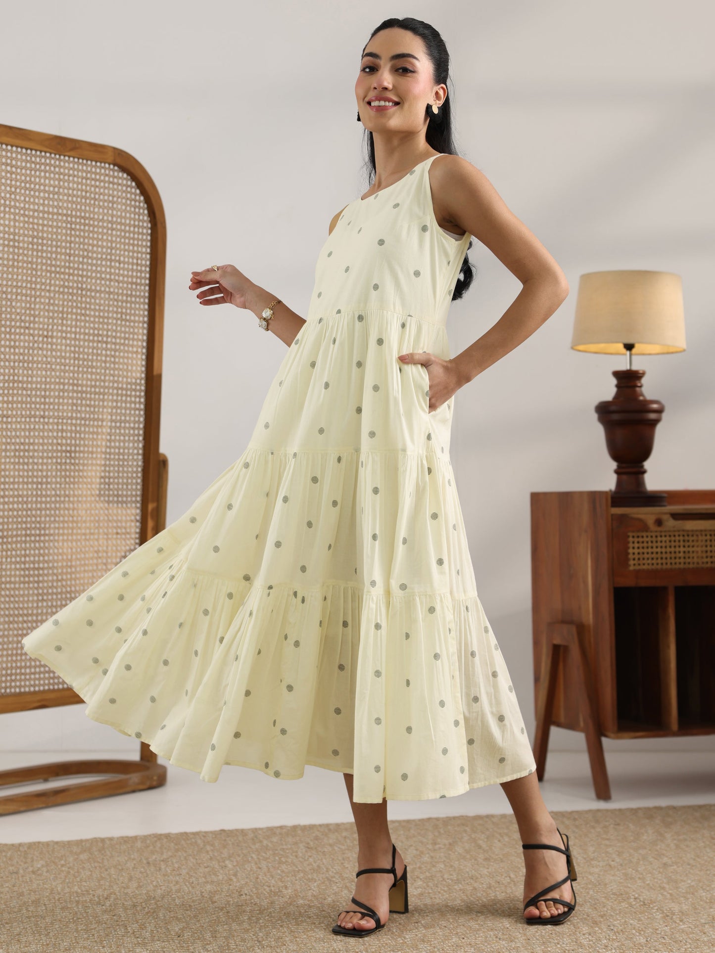 Off White Printed Cotton Tiered Fit And Flare One Piece Dress