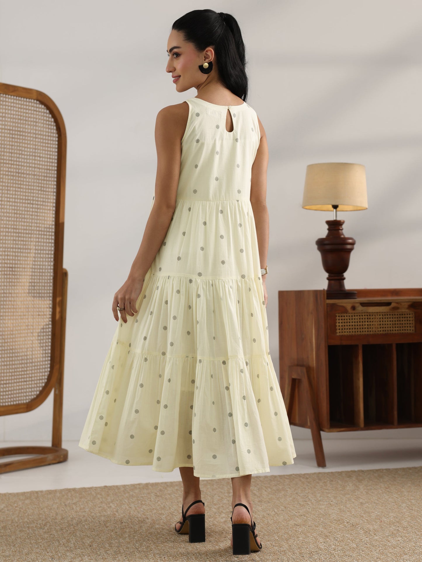 Off White Printed Cotton Tiered Fit And Flare One Piece Dress