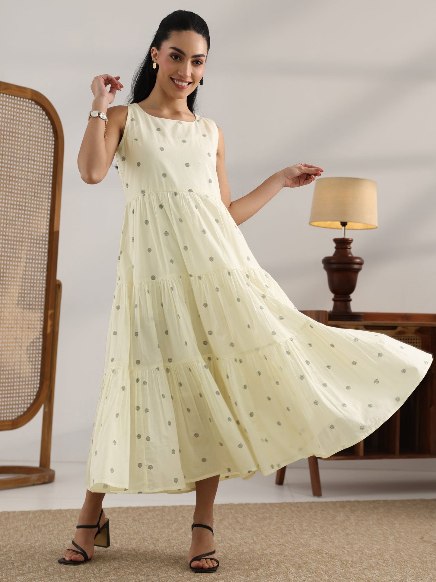 Off White Printed Cotton Tiered Fit And Flare One Piece Dress