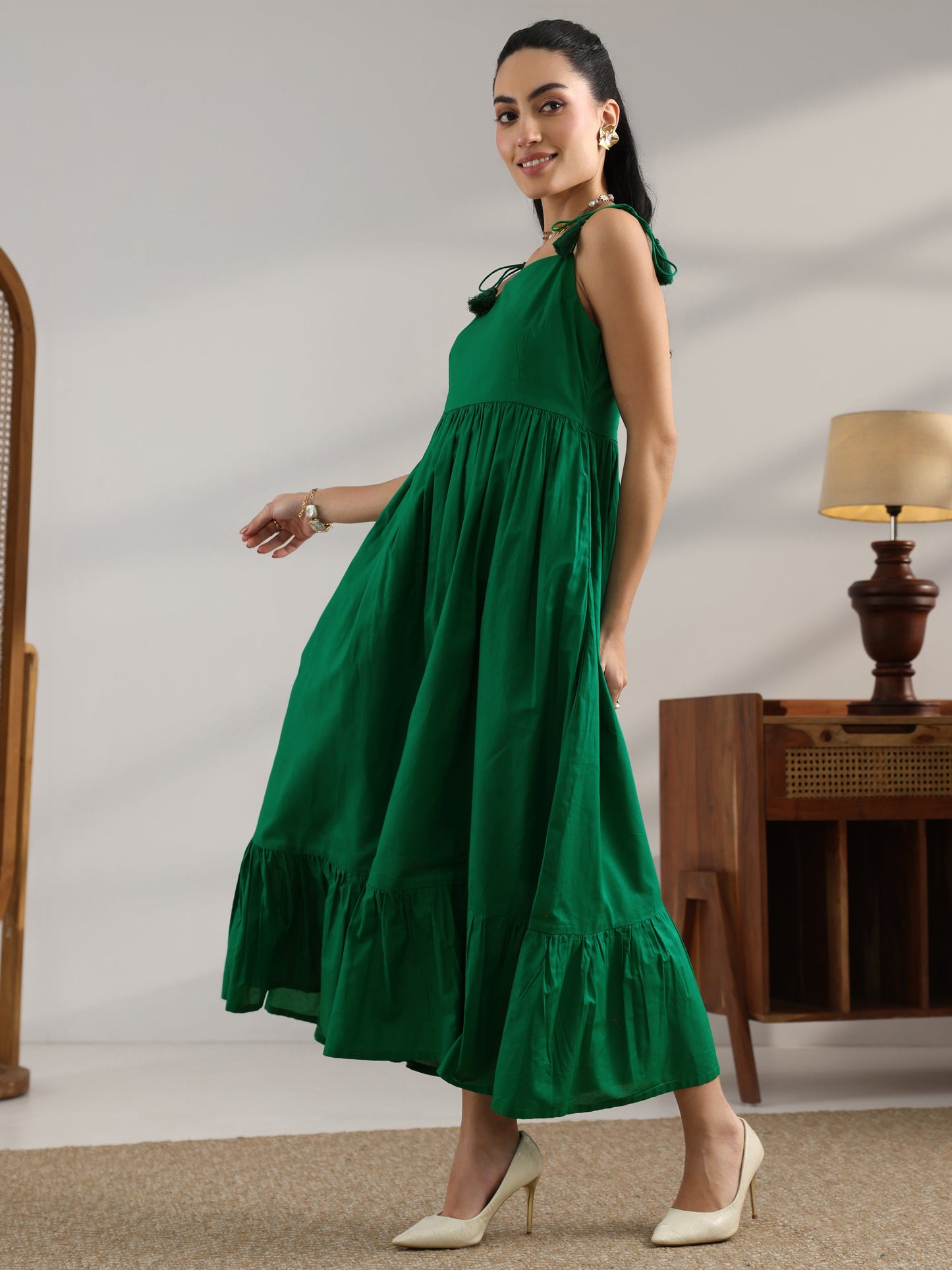 Green Solid Cotton Fit And Flare One Piece Dress