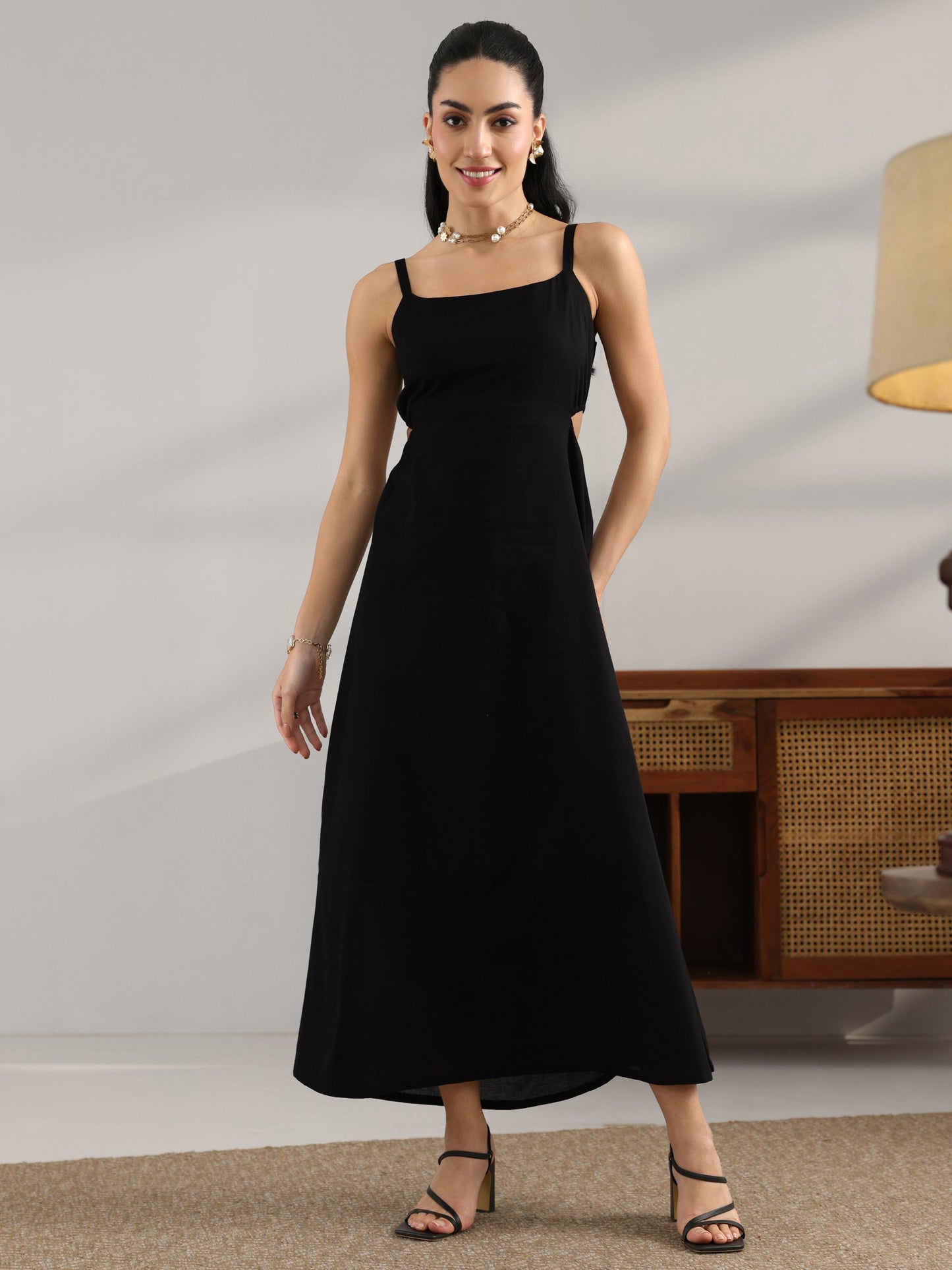 Black Solid Cotton Cut Out Fit And Flare One Piece Dress