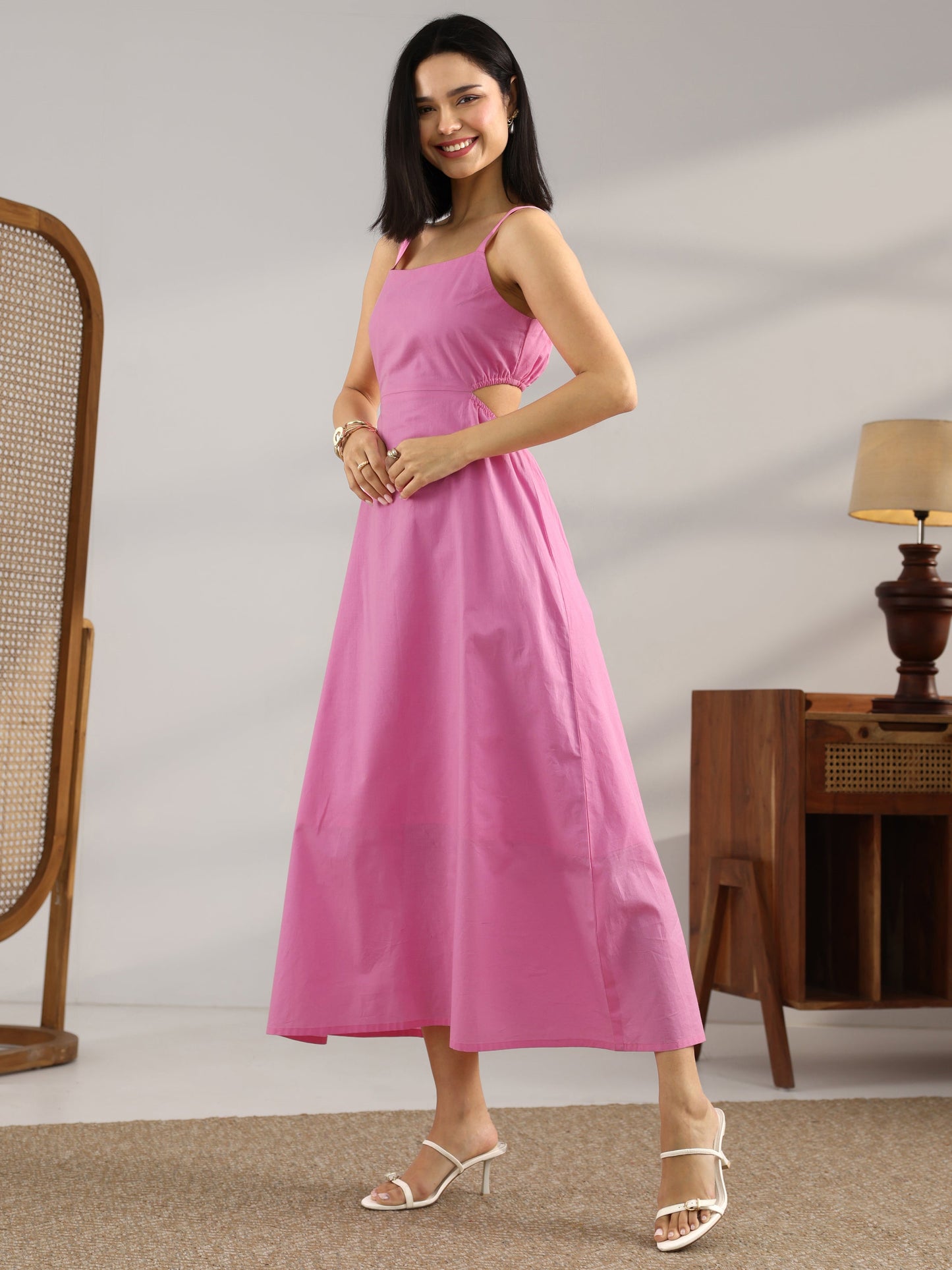 Pink Solid Cotton Cut Out Fit And Flare One Piece Dress