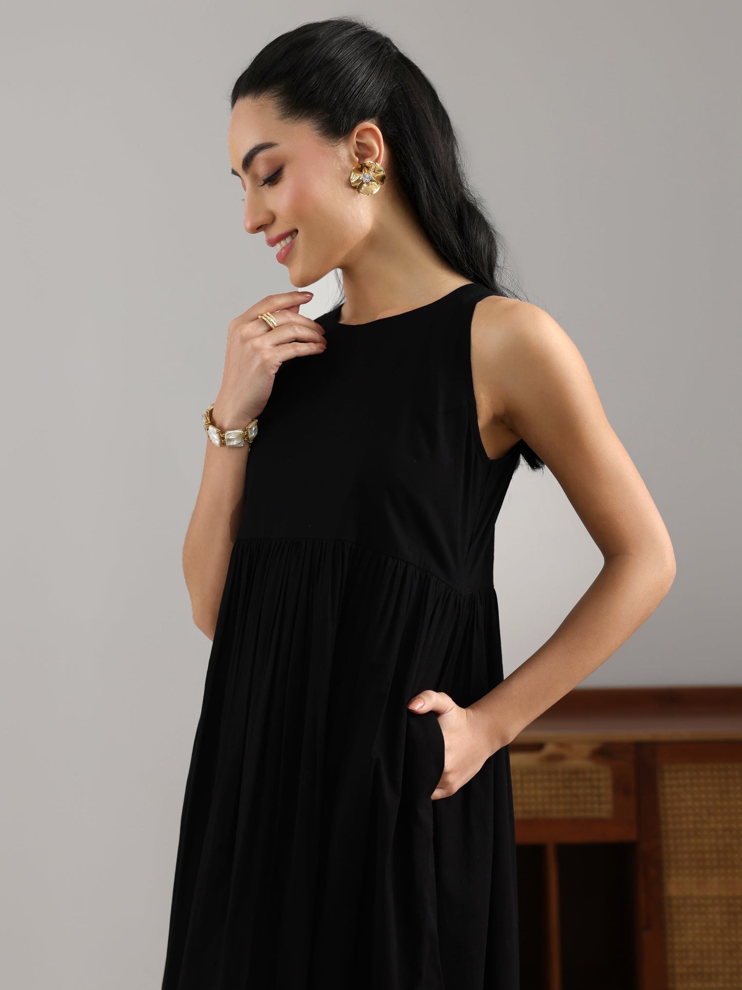 Black Solid Cotton Fit And Flare One Piece Dress