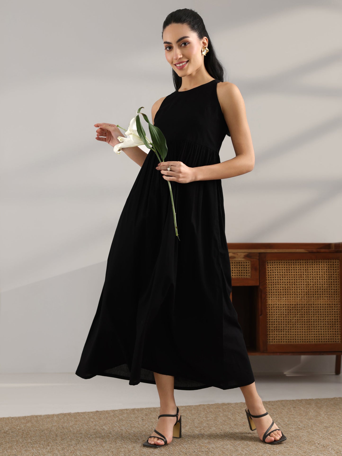 Black Solid Cotton Fit And Flare One Piece Dress