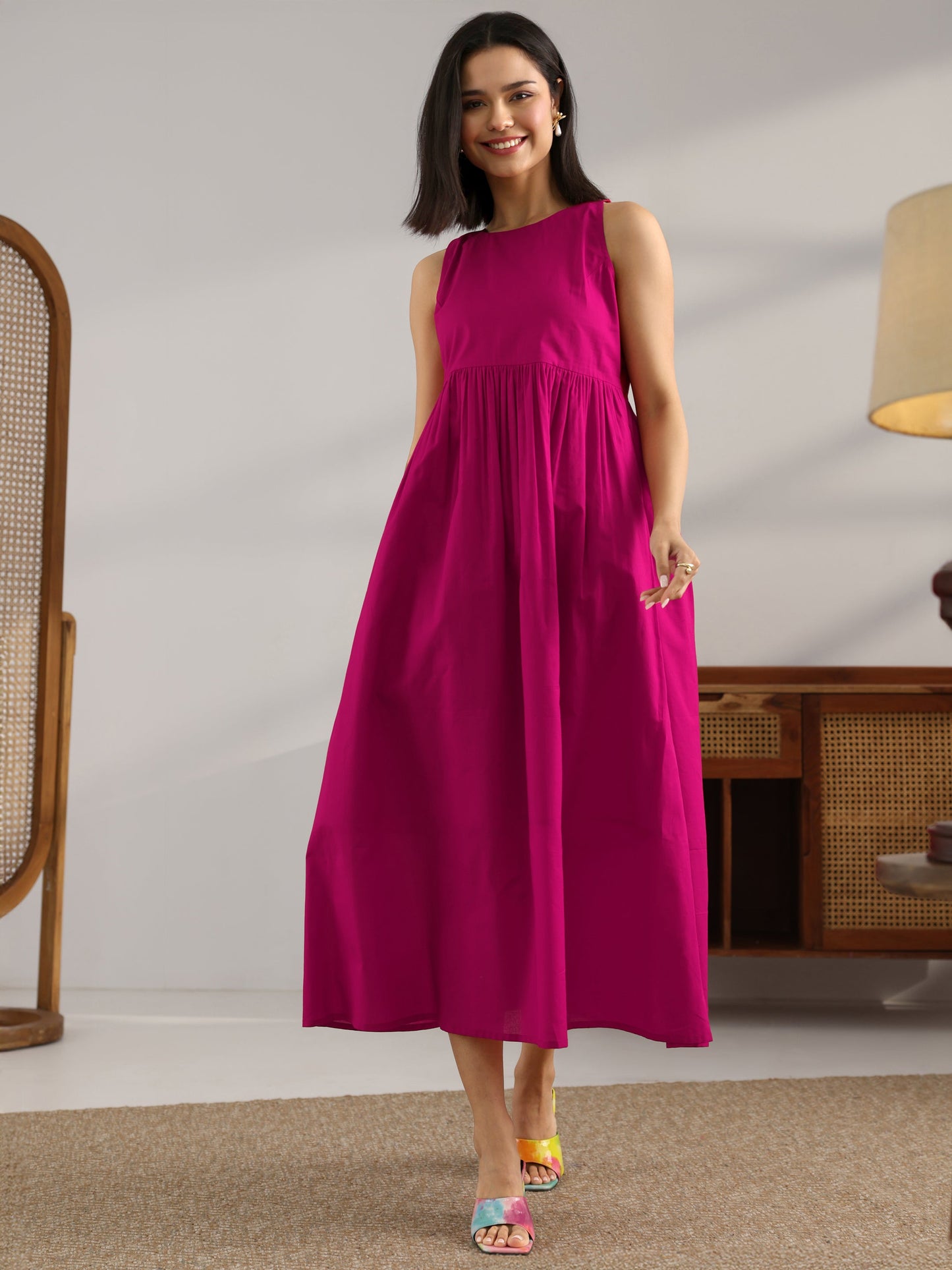 Magenta Solid Cotton Fit And Flare One Piece Dress
