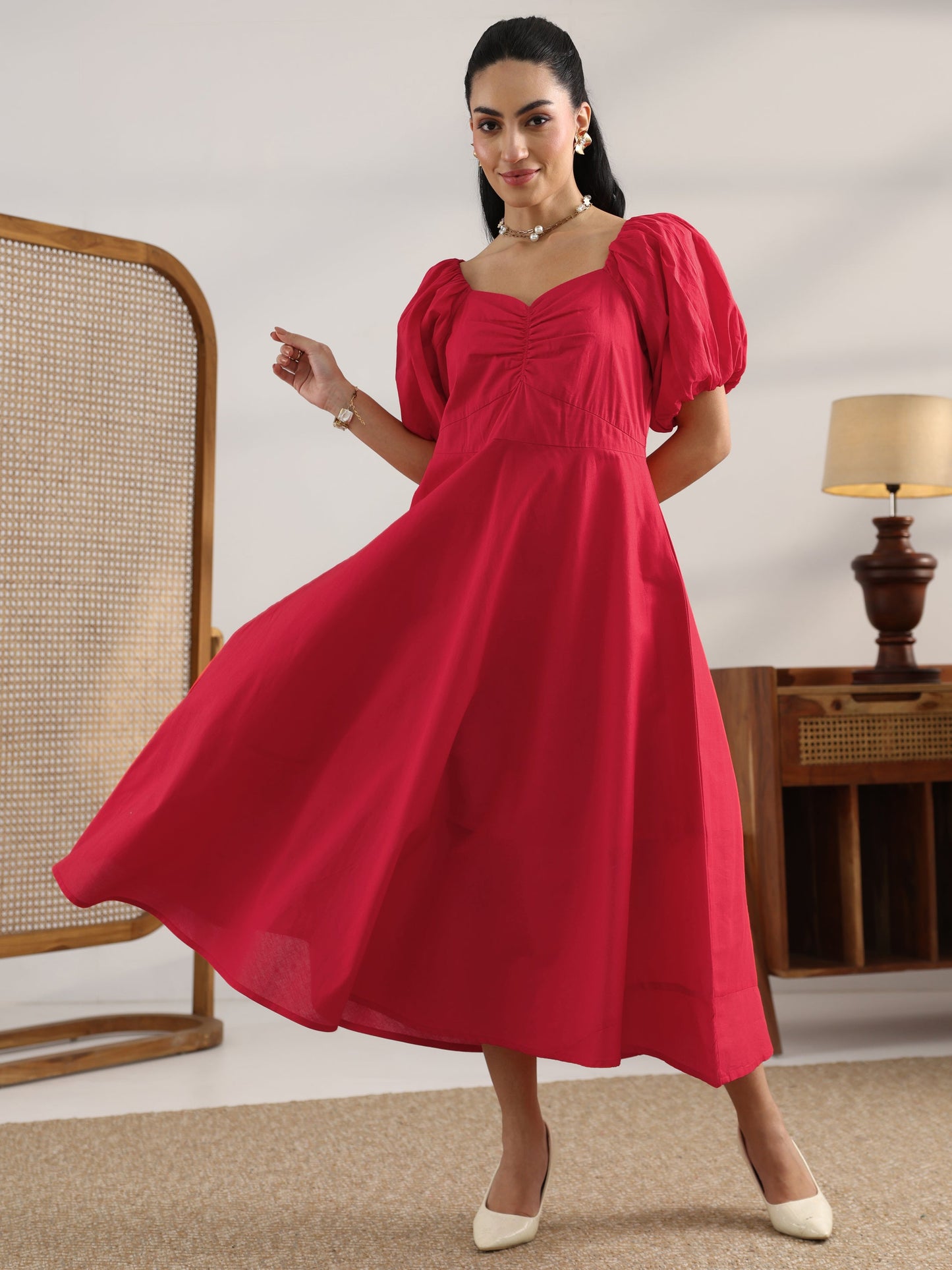 Red Solid Cotton A-Line One Piece Dress