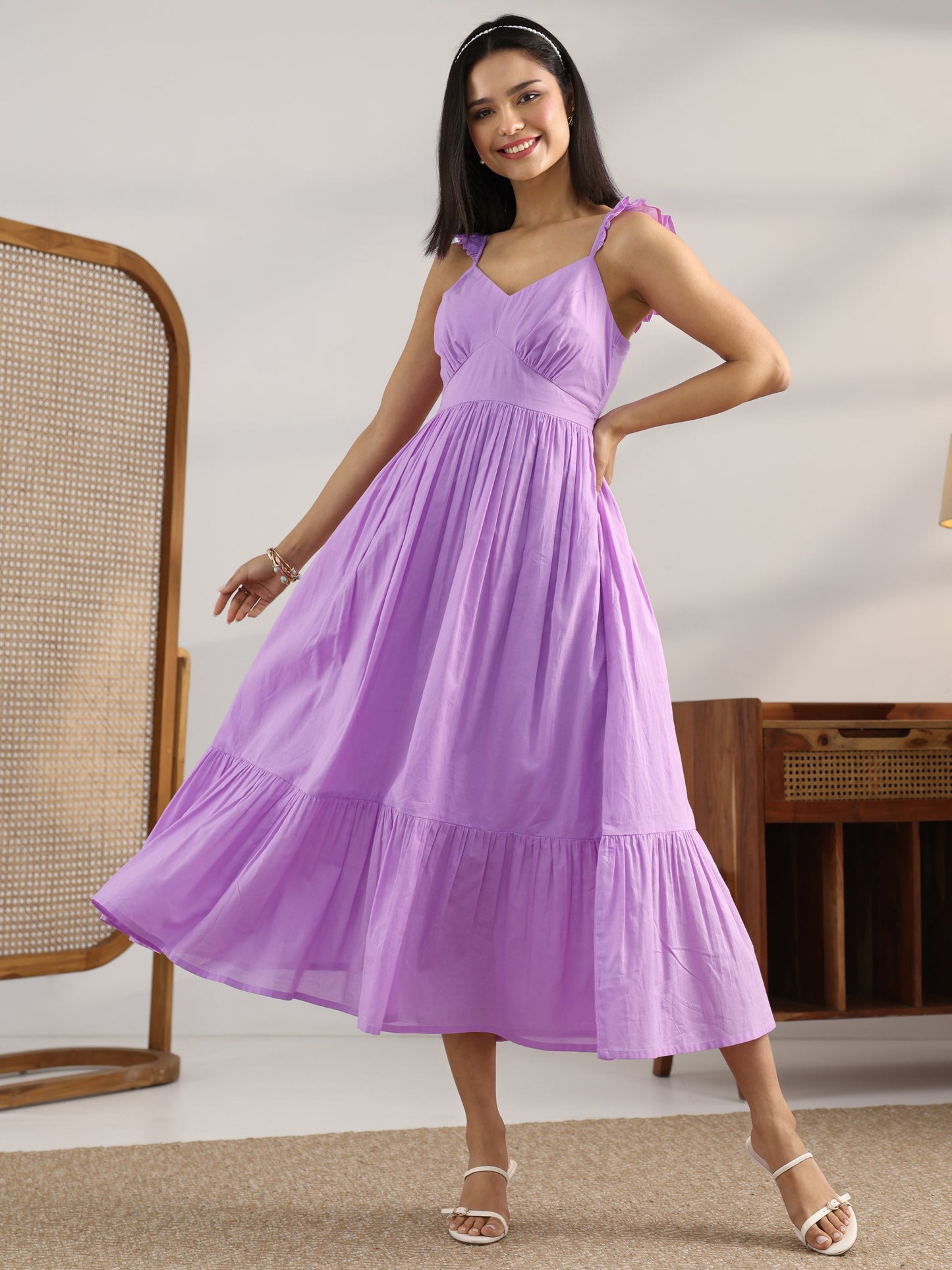 Lavender Solid Cotton Fit And Flare One Piece Dress