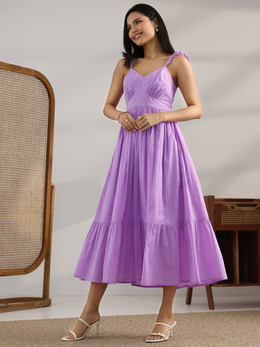 Lavender Solid Cotton Fit And Flare One Piece Dress