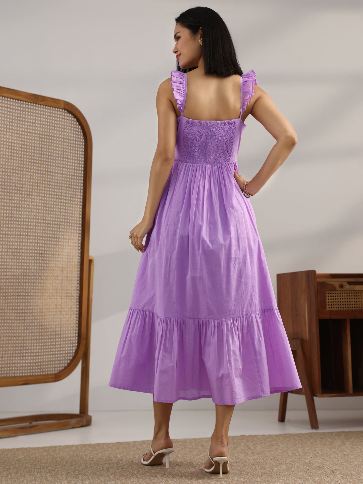 Lavender Solid Cotton Fit And Flare One Piece Dress