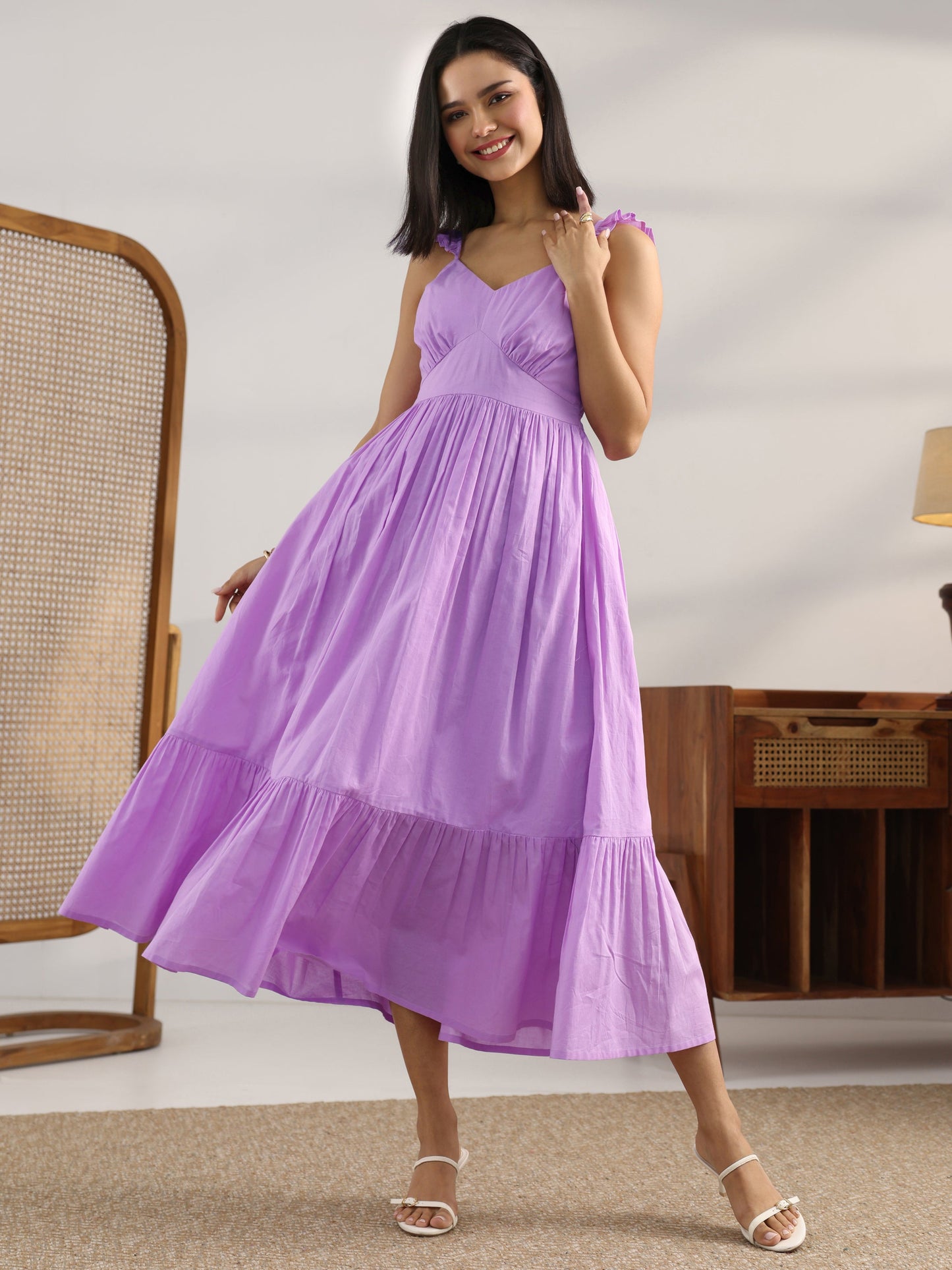 Lavender Solid Cotton Fit And Flare One Piece Dress