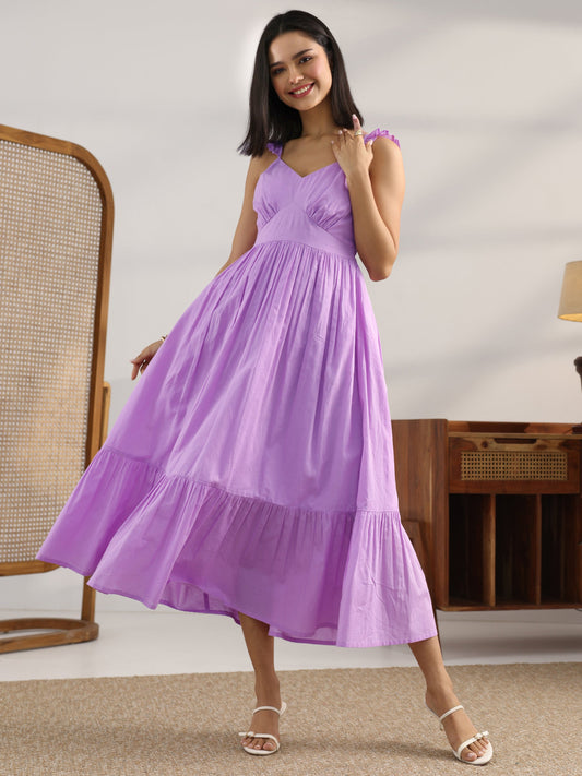 Lavender Solid Cotton Fit And Flare One Piece Dress