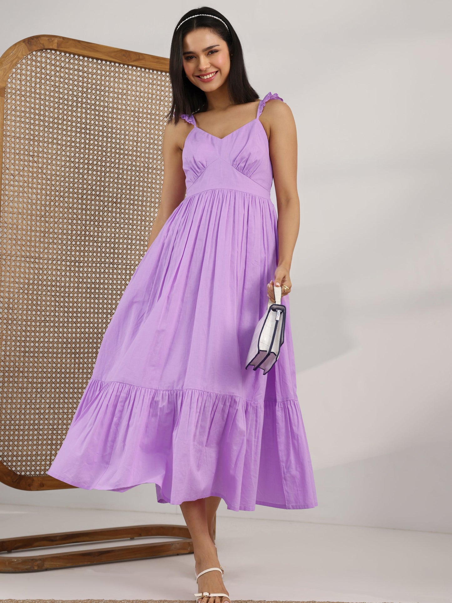 Lavender Solid Cotton Fit And Flare One Piece Dress