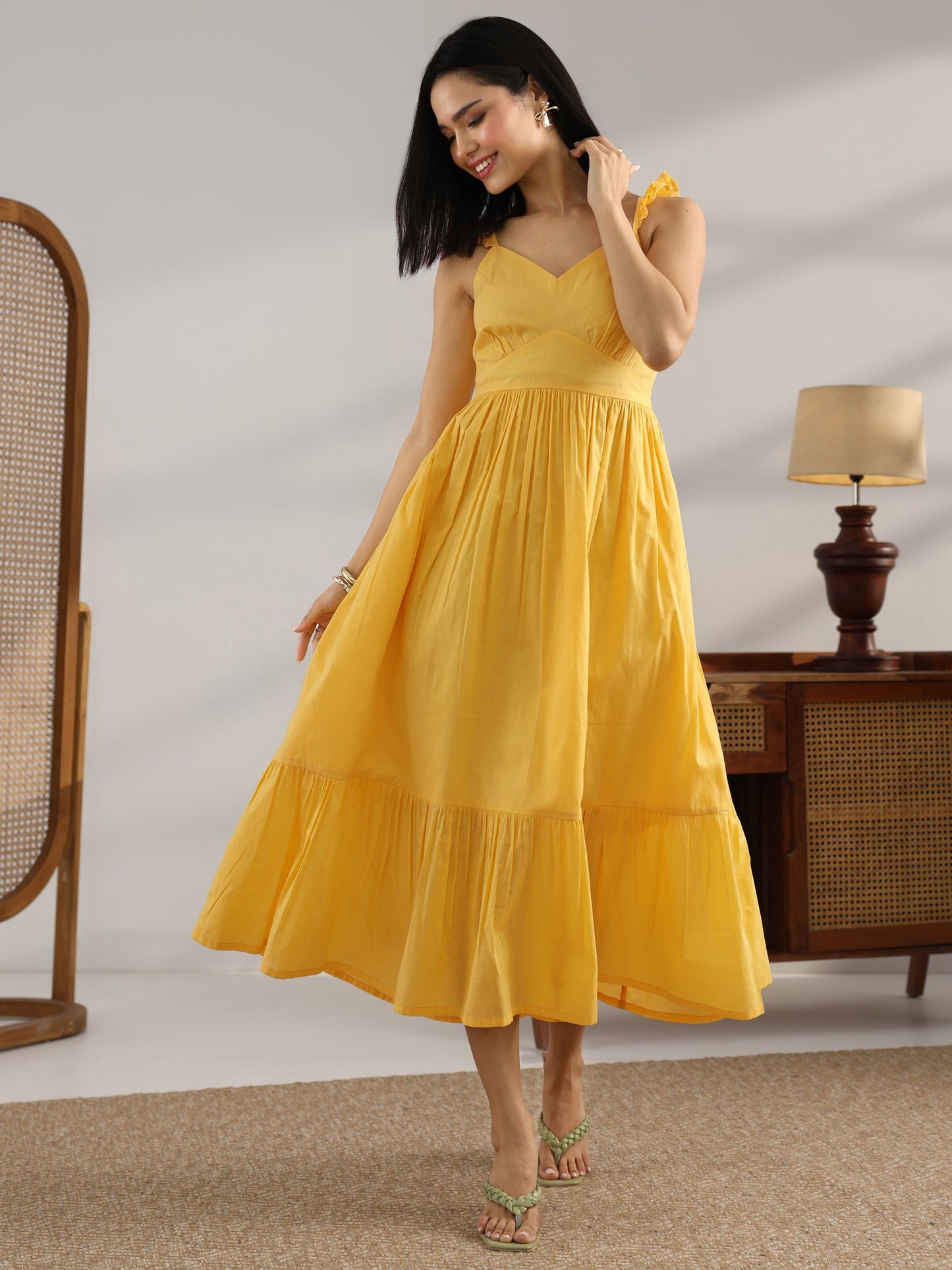 Yellow Solid Cotton One Piece Dress Fit And Flare