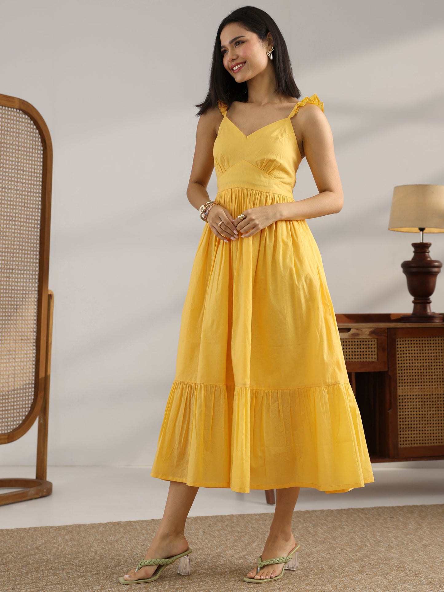 Yellow Solid Cotton One Piece Dress Fit And Flare