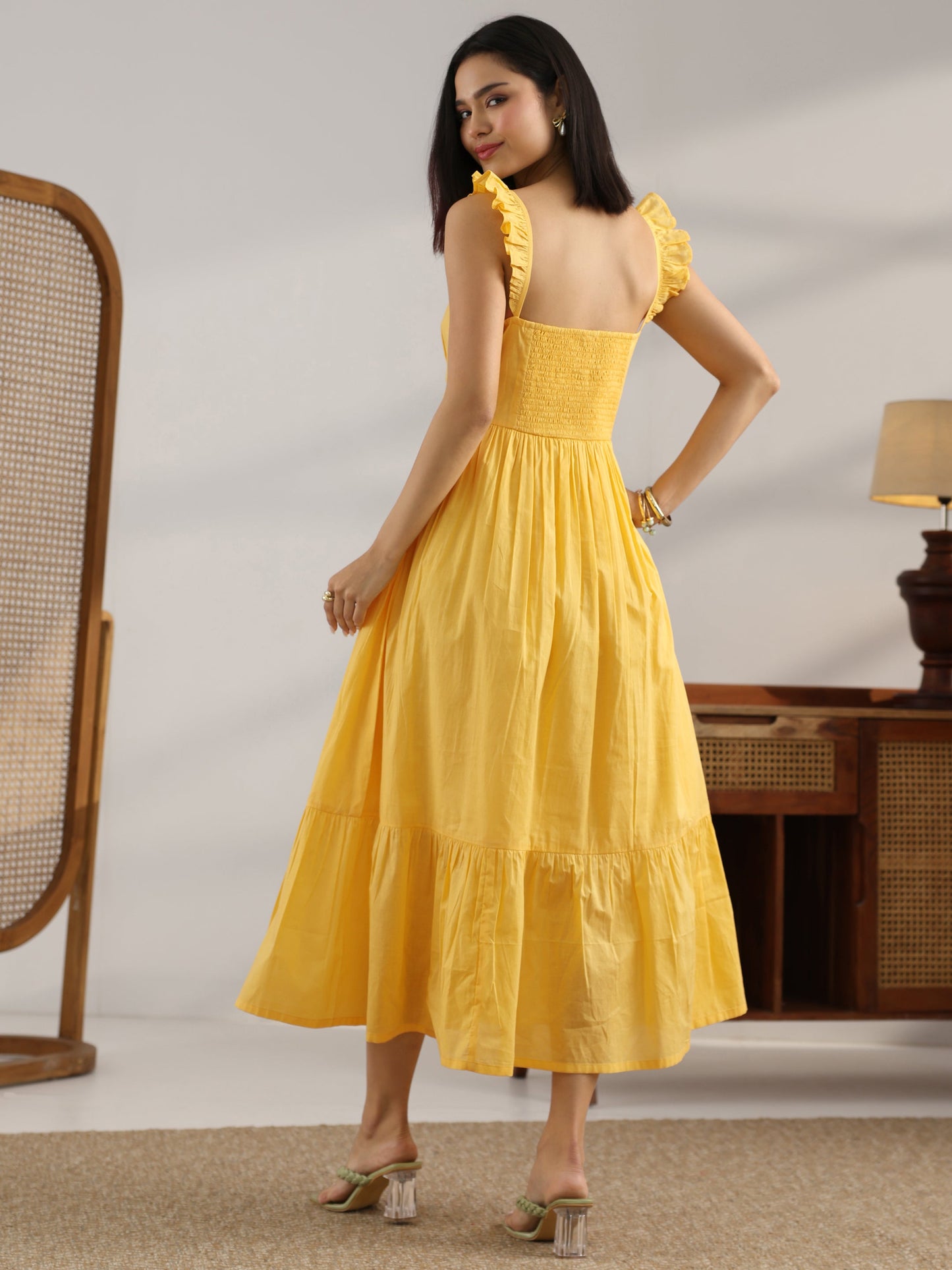 Yellow Solid Cotton One Piece Dress Fit And Flare