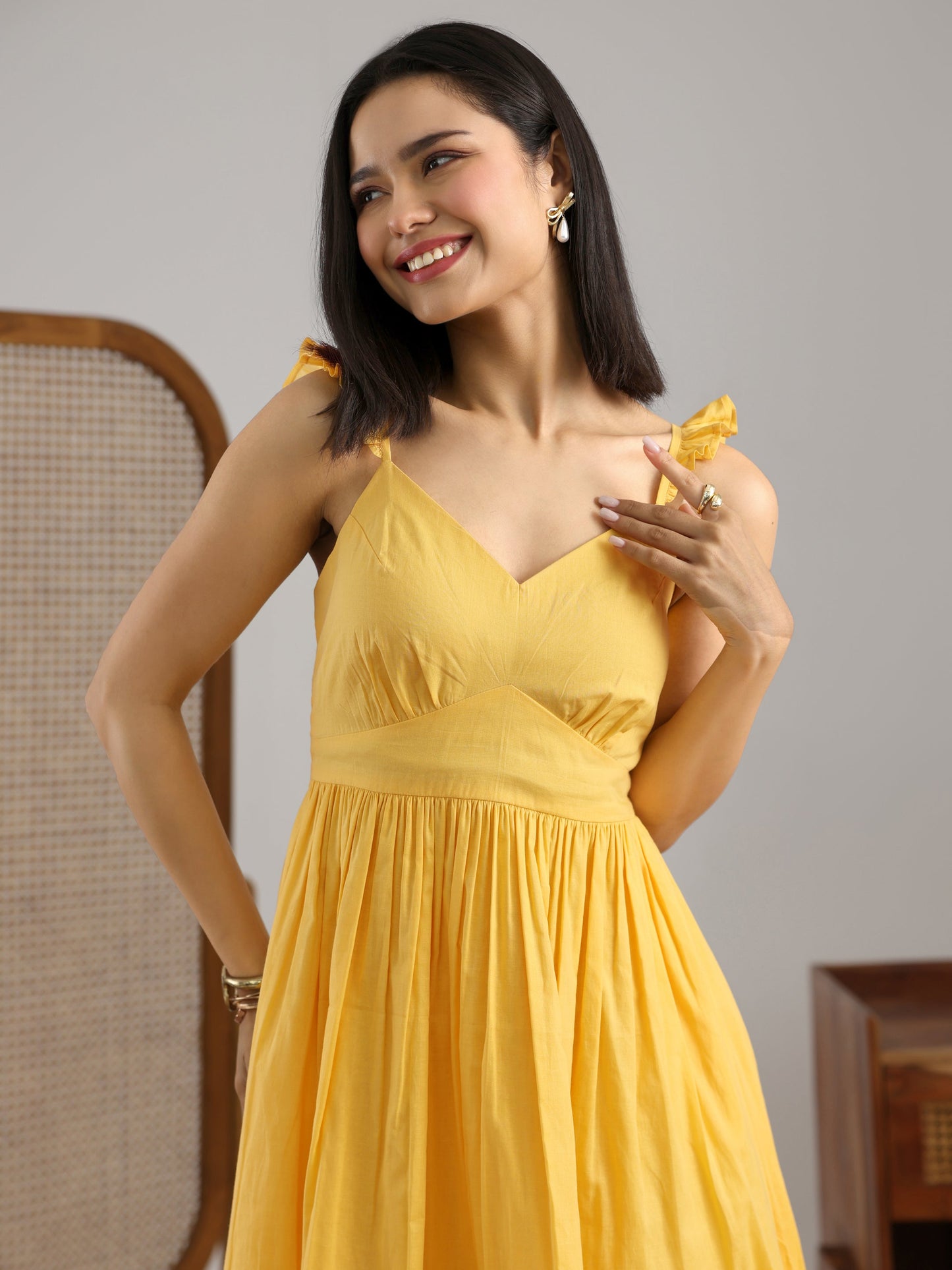 Yellow Solid Cotton One Piece Dress Fit And Flare