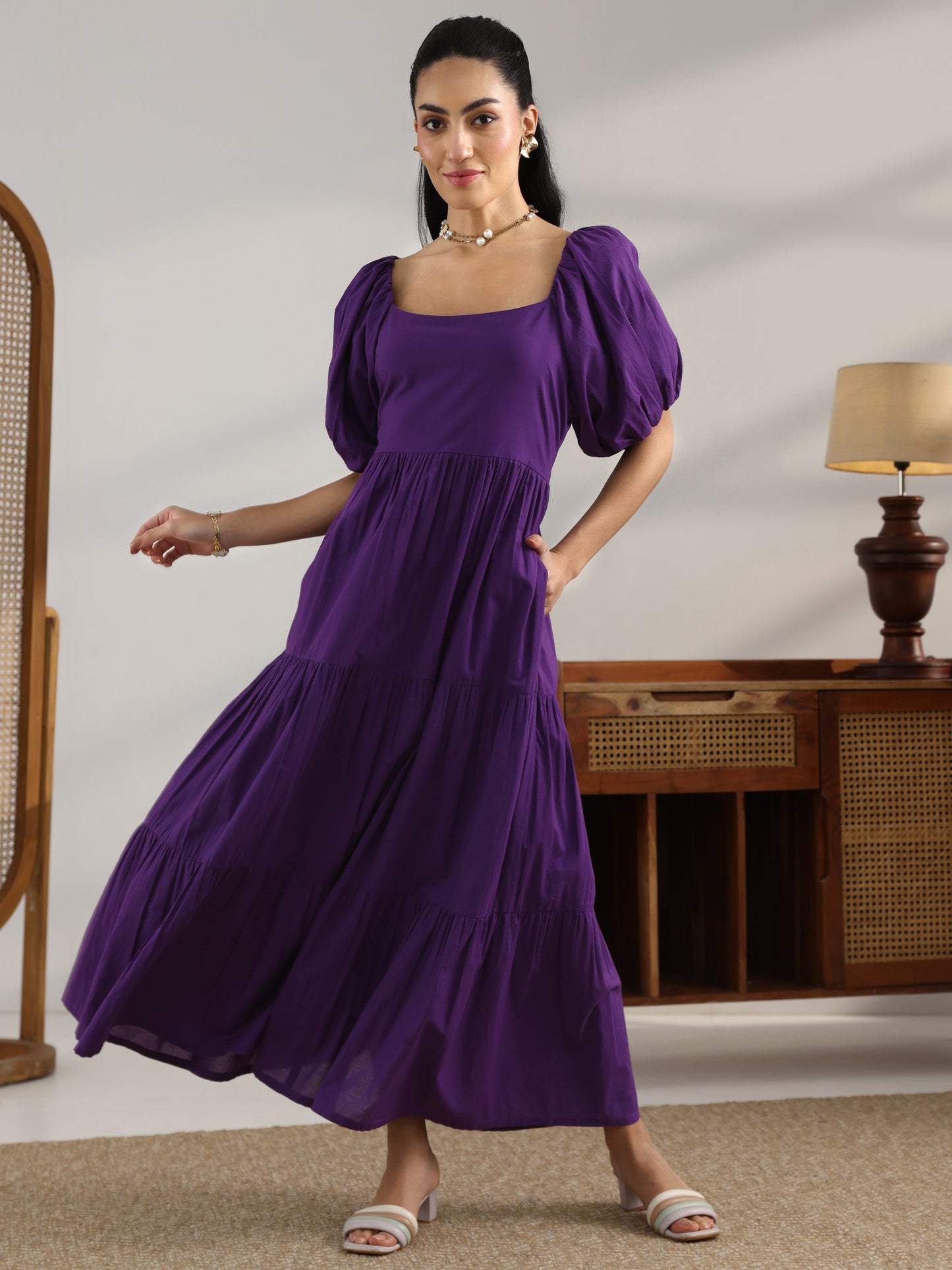 Purple Solid Cotton Fit And Flare One Piece Dress