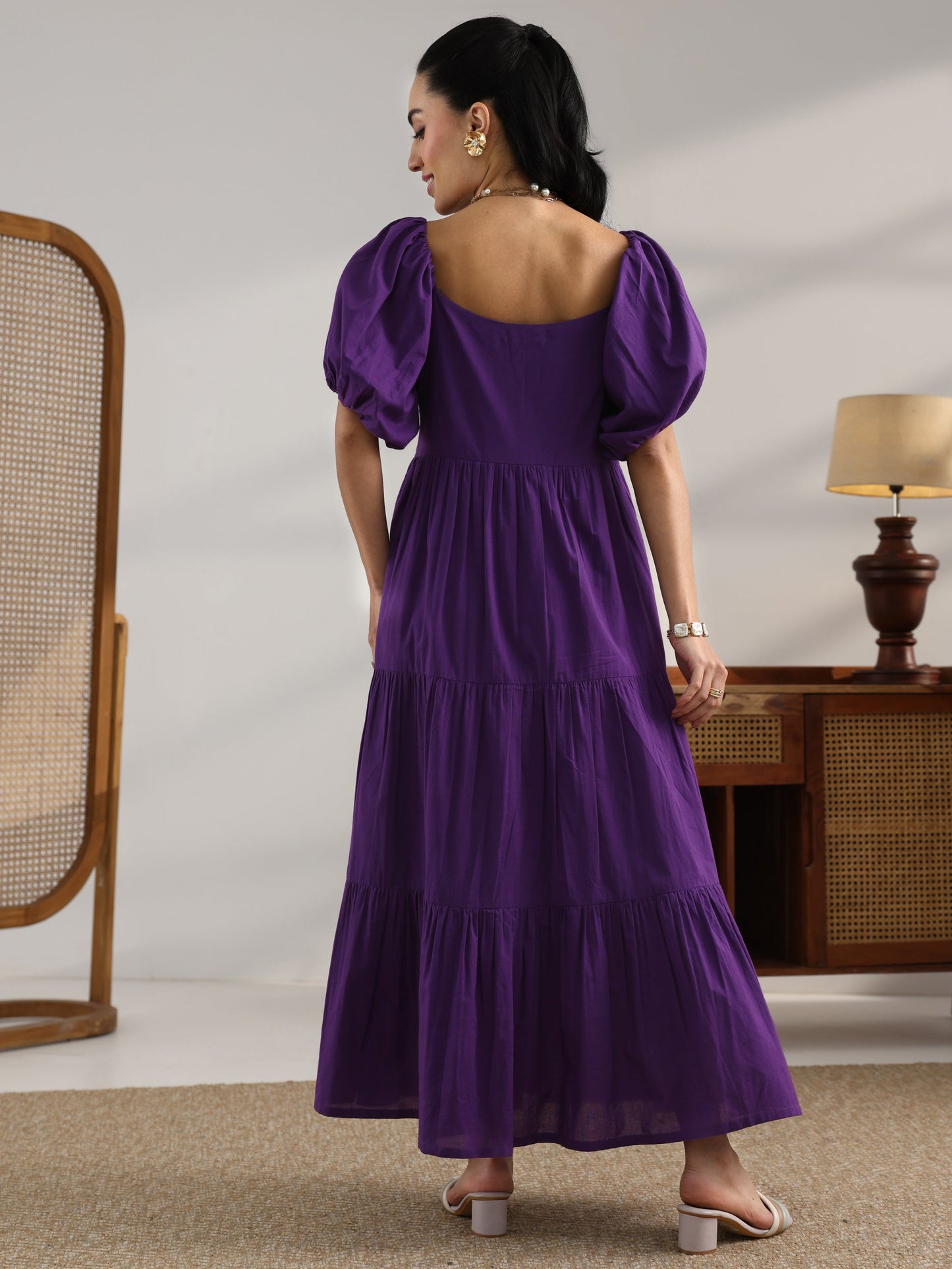 Purple Solid Cotton Fit And Flare One Piece Dress