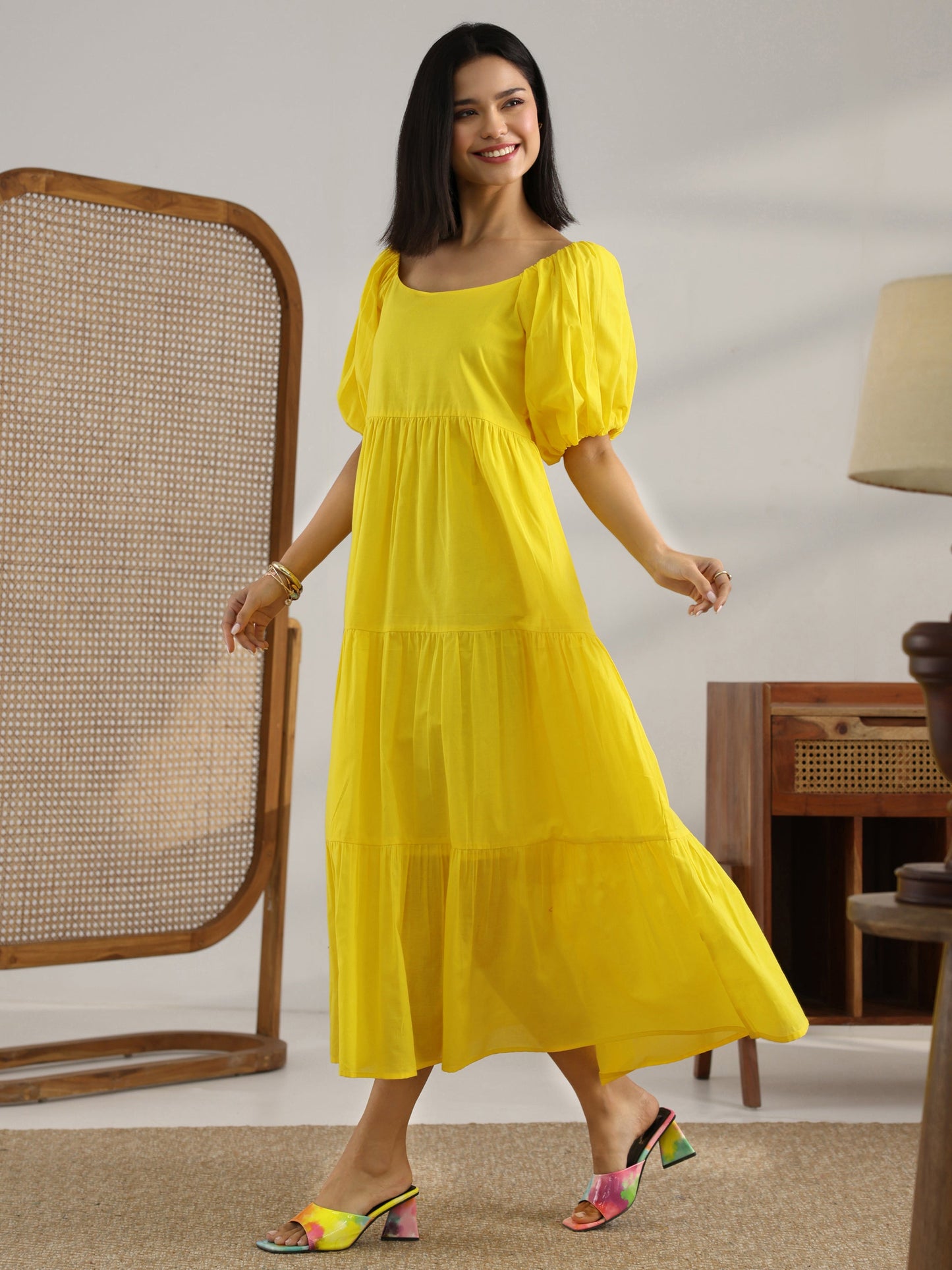 Yellow Solid Cotton Fit And Flare One Piece Dress
