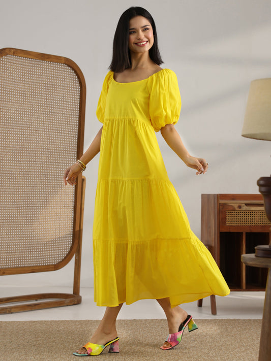Yellow Solid Cotton Fit And Flare One Piece Dress