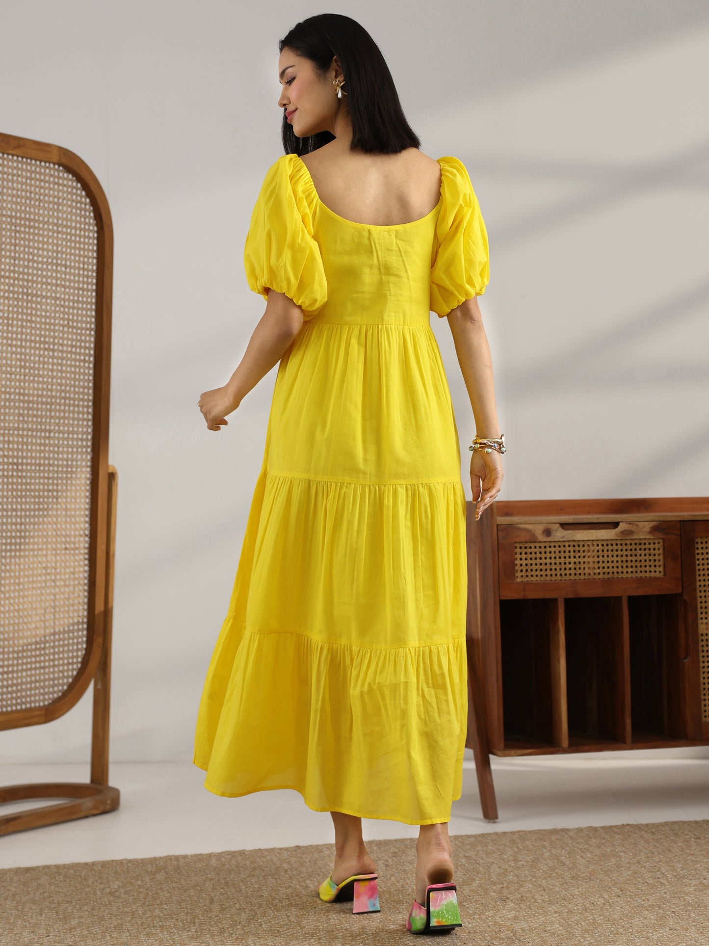 Yellow Solid Cotton Fit And Flare One Piece Dress