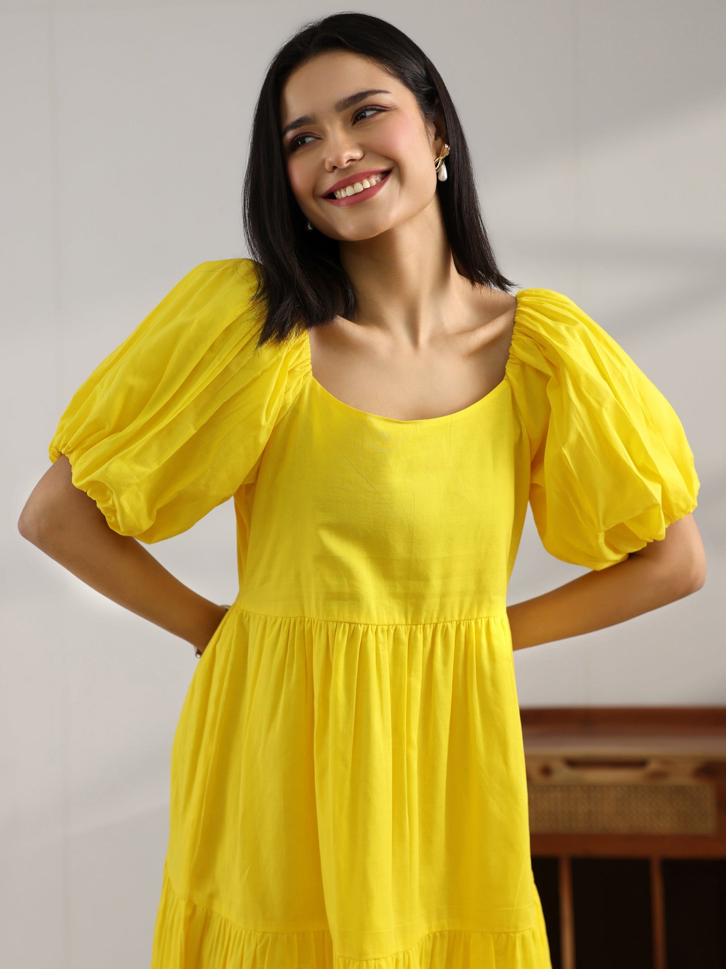 Yellow Solid Cotton Fit And Flare One Piece Dress