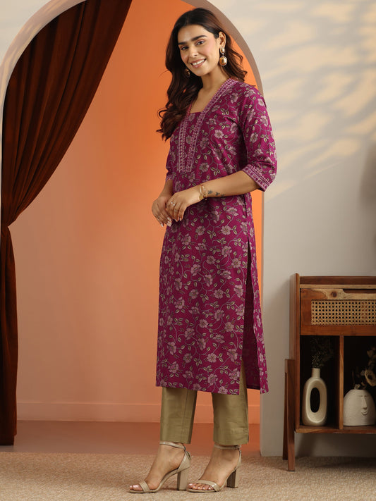 Pink Printed Cotton Straight Kurta
