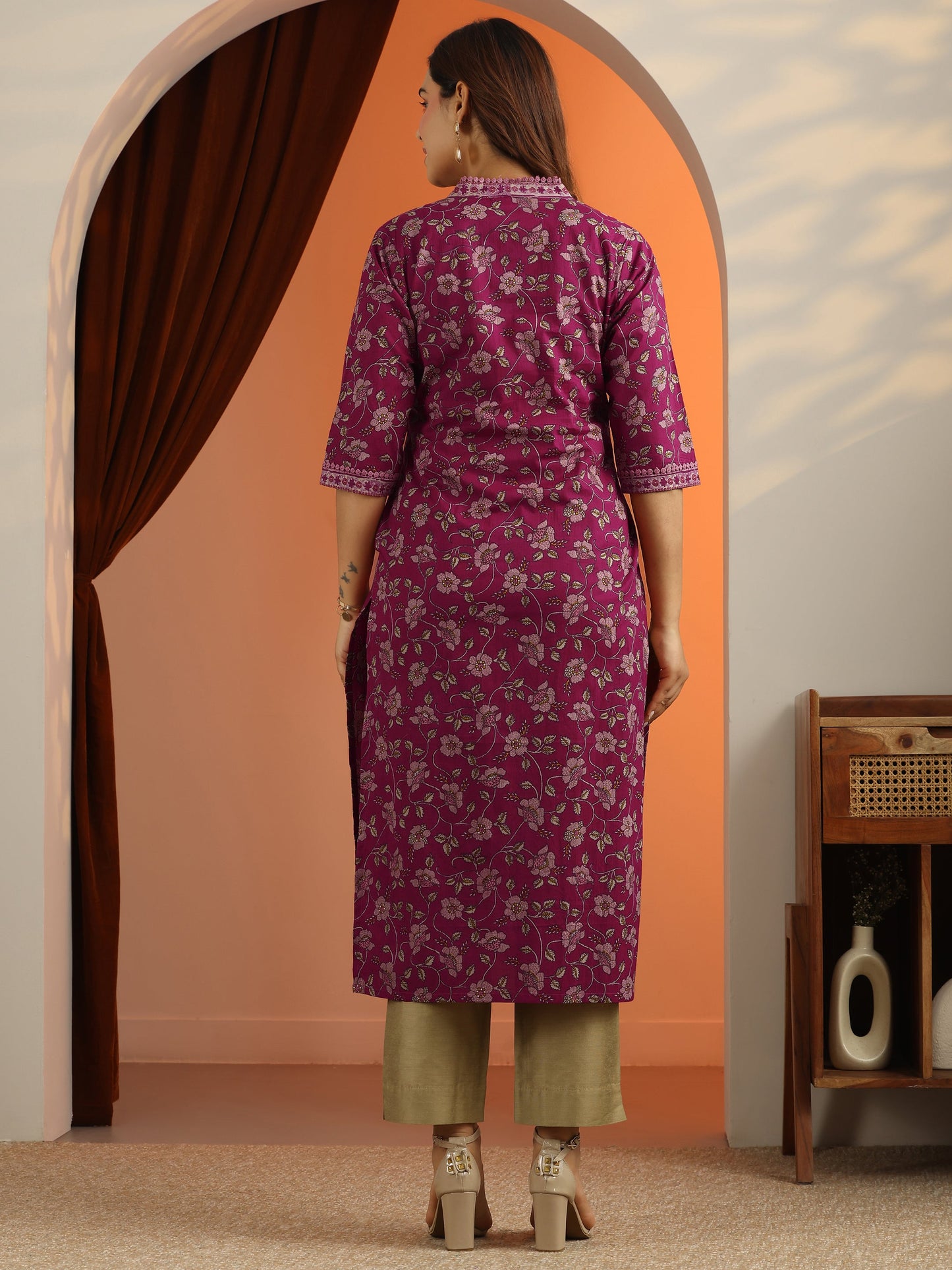 Purple Printed Cotton Straight Kurta