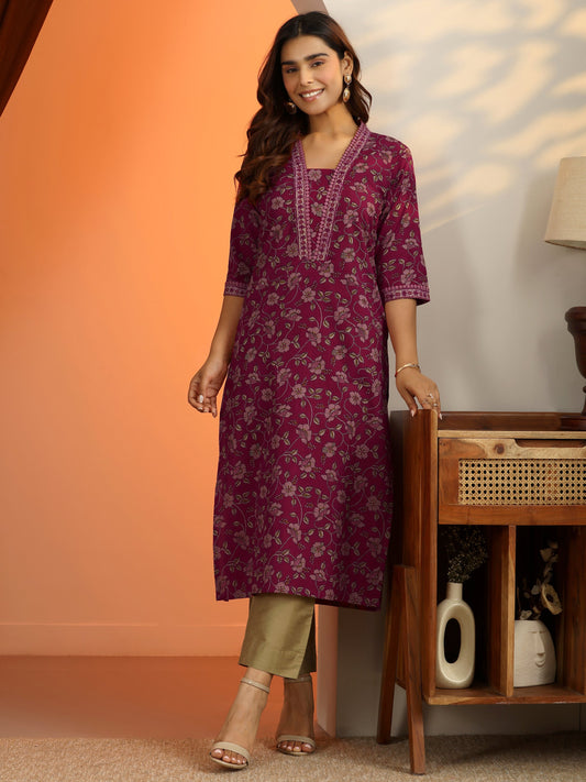Pink Printed Cotton Straight Kurta