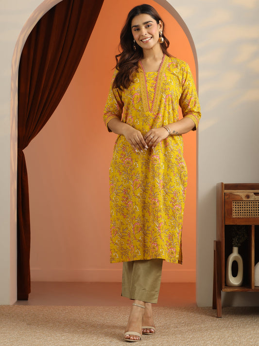 Green Printed Cotton Straight Kurta