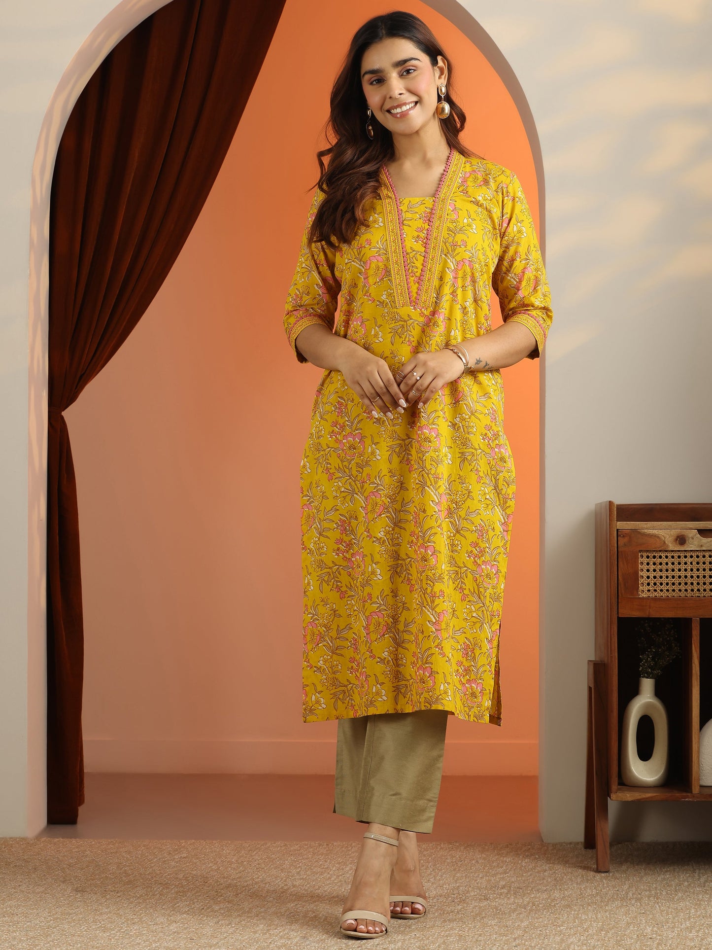 Mustard Printed Cotton Straight Kurta