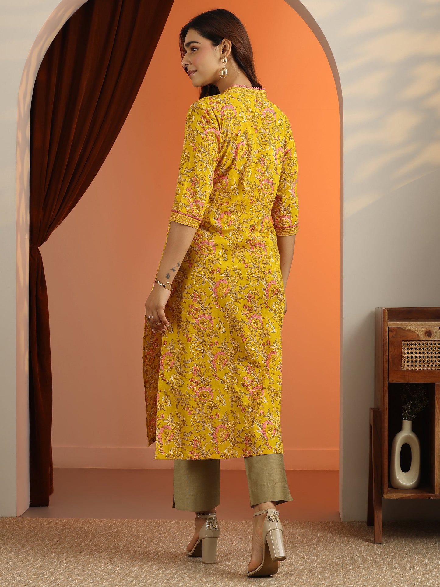 Mustard Printed Cotton Straight Kurta