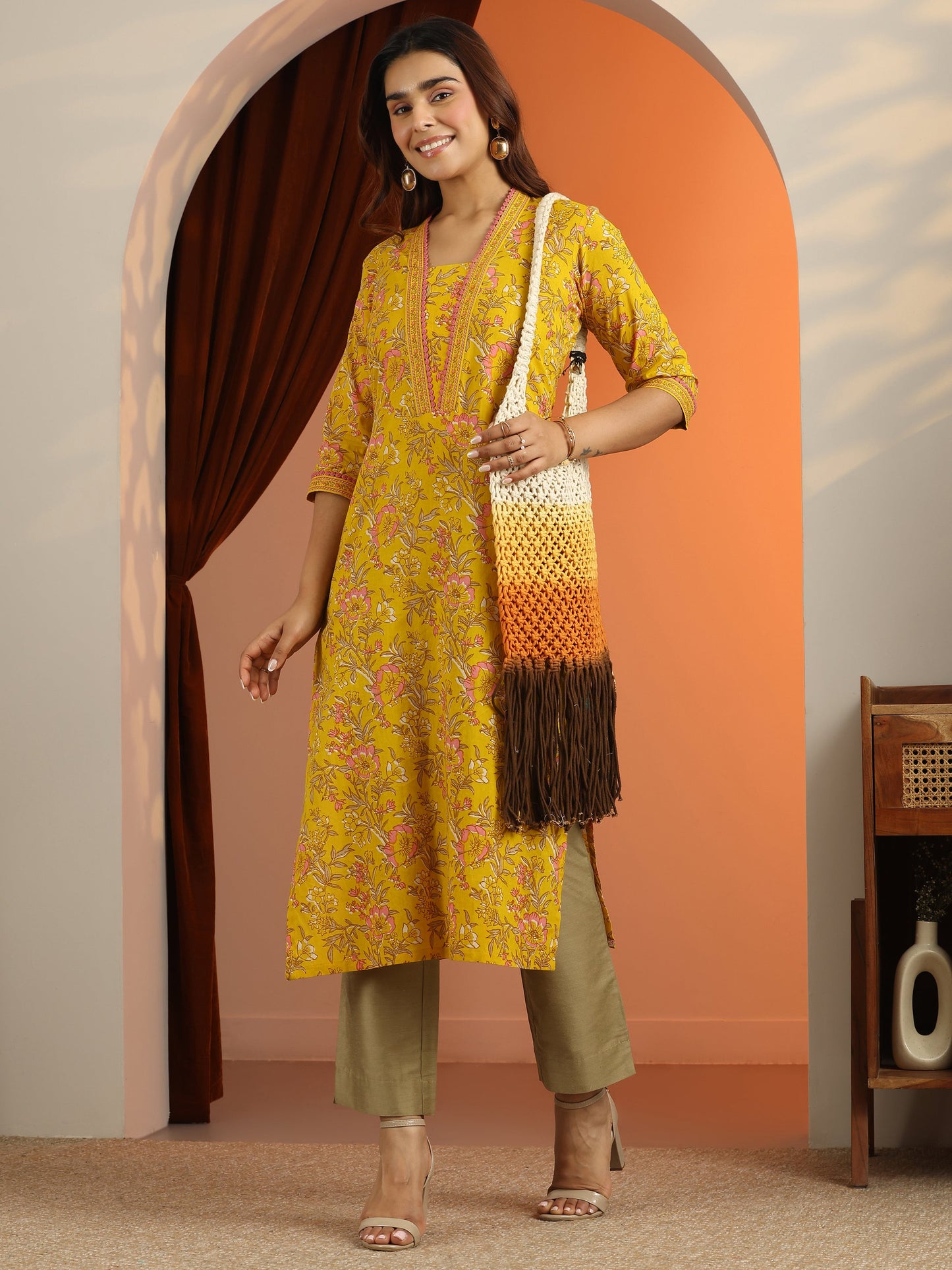 Mustard Printed Cotton Straight Kurta