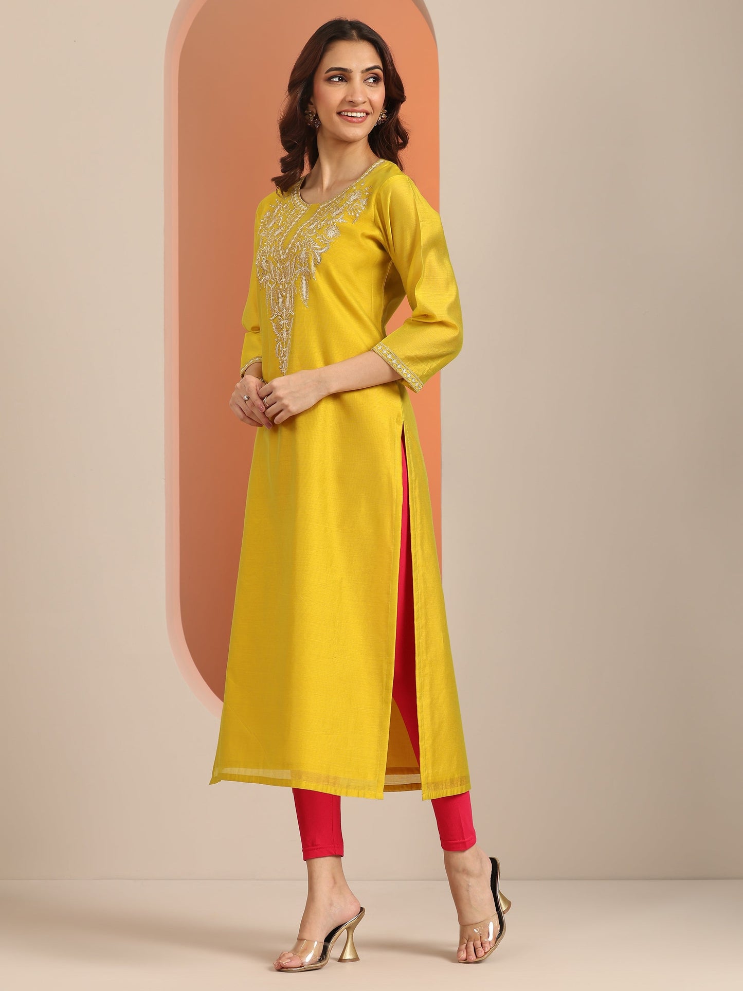 Mustard Embroidered Silk Blend Straight Kurta
