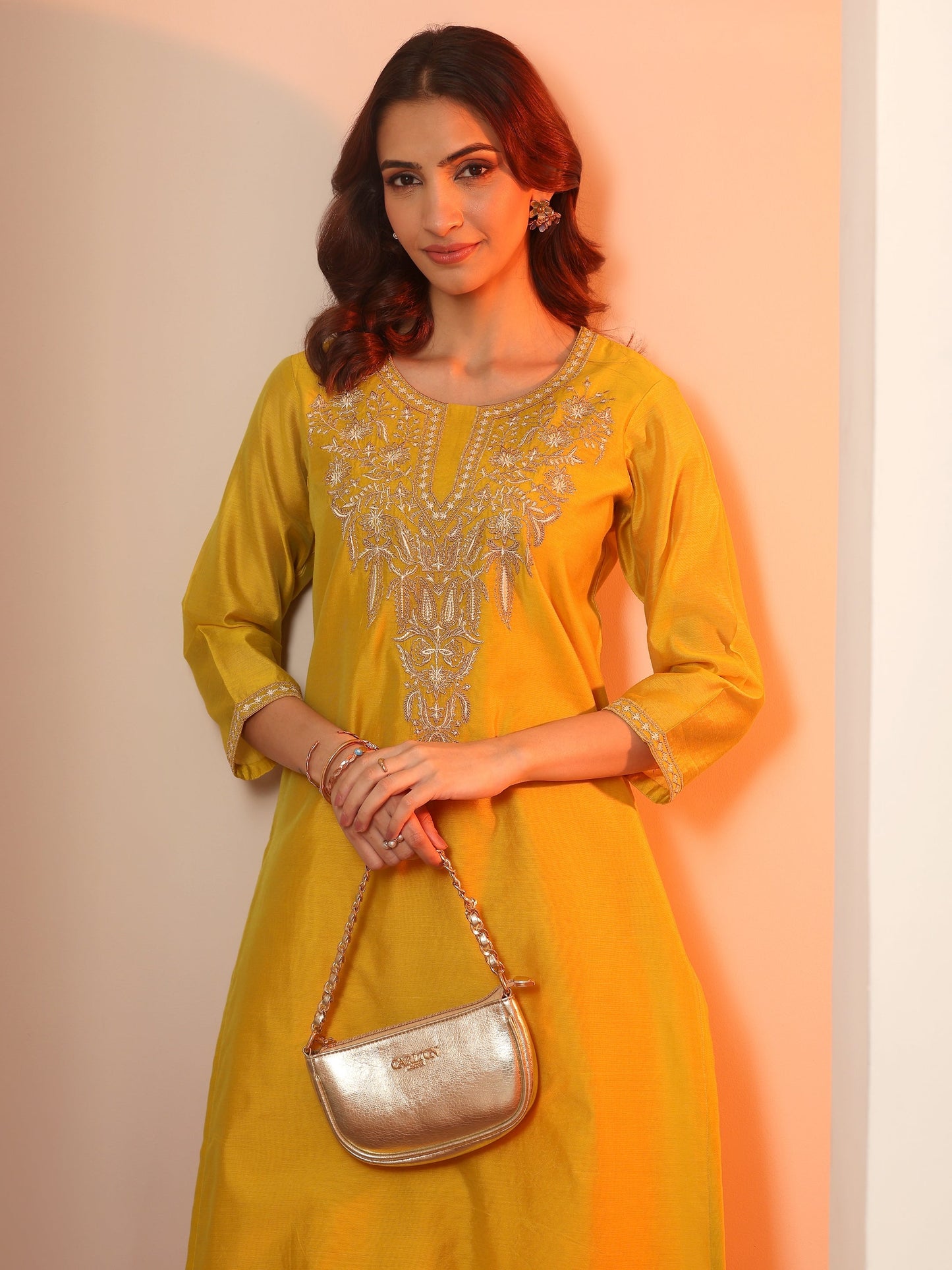 Mustard Embroidered Silk Blend Straight Kurta