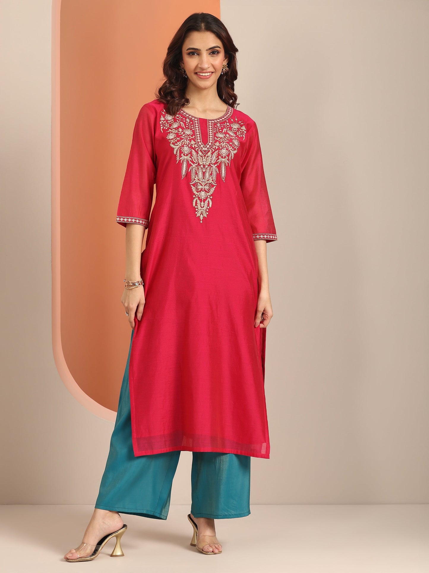 Pink Embroidered Silk Blend Straight Kurta