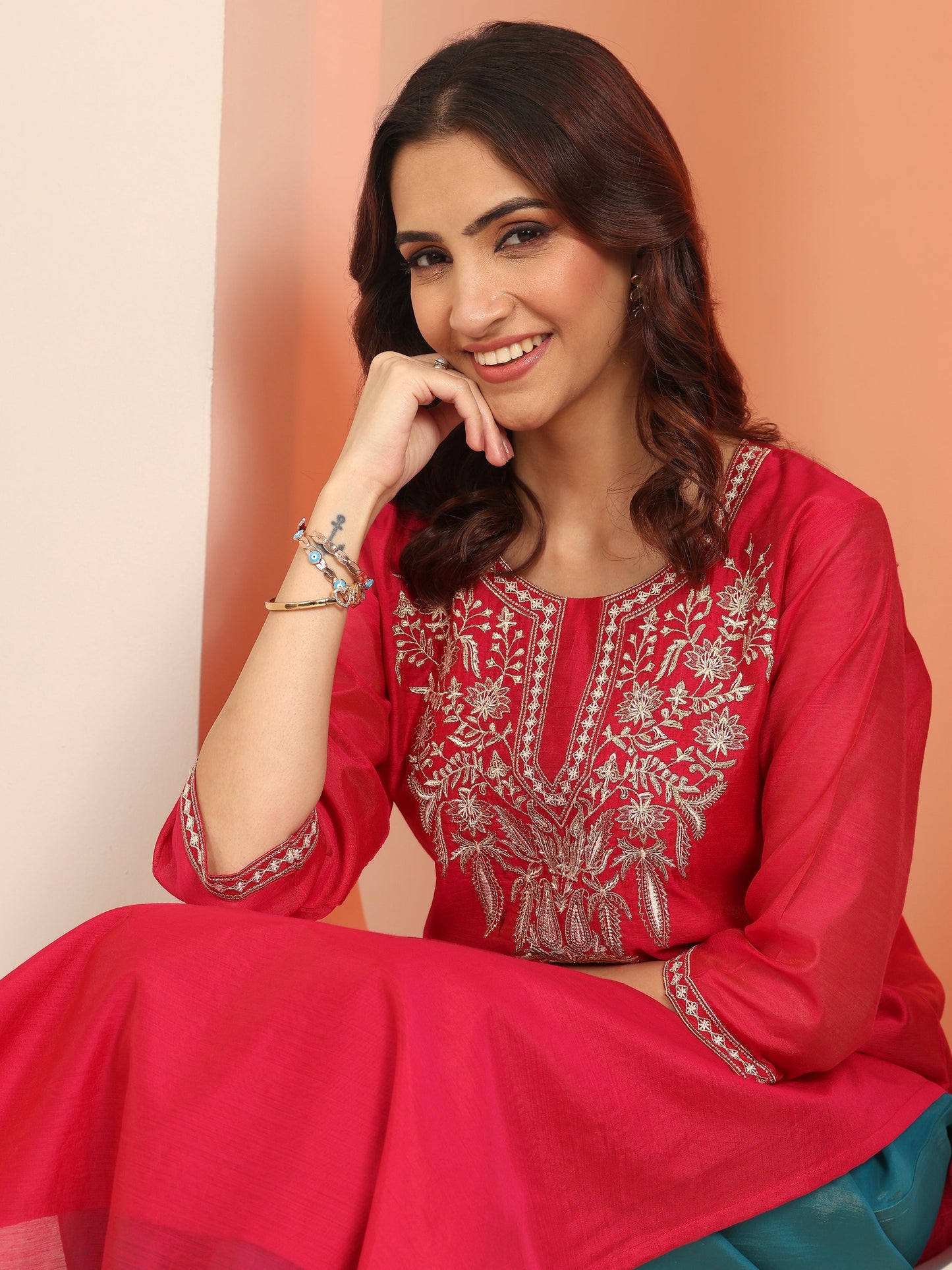 Pink Embroidered Silk Blend Straight Kurta