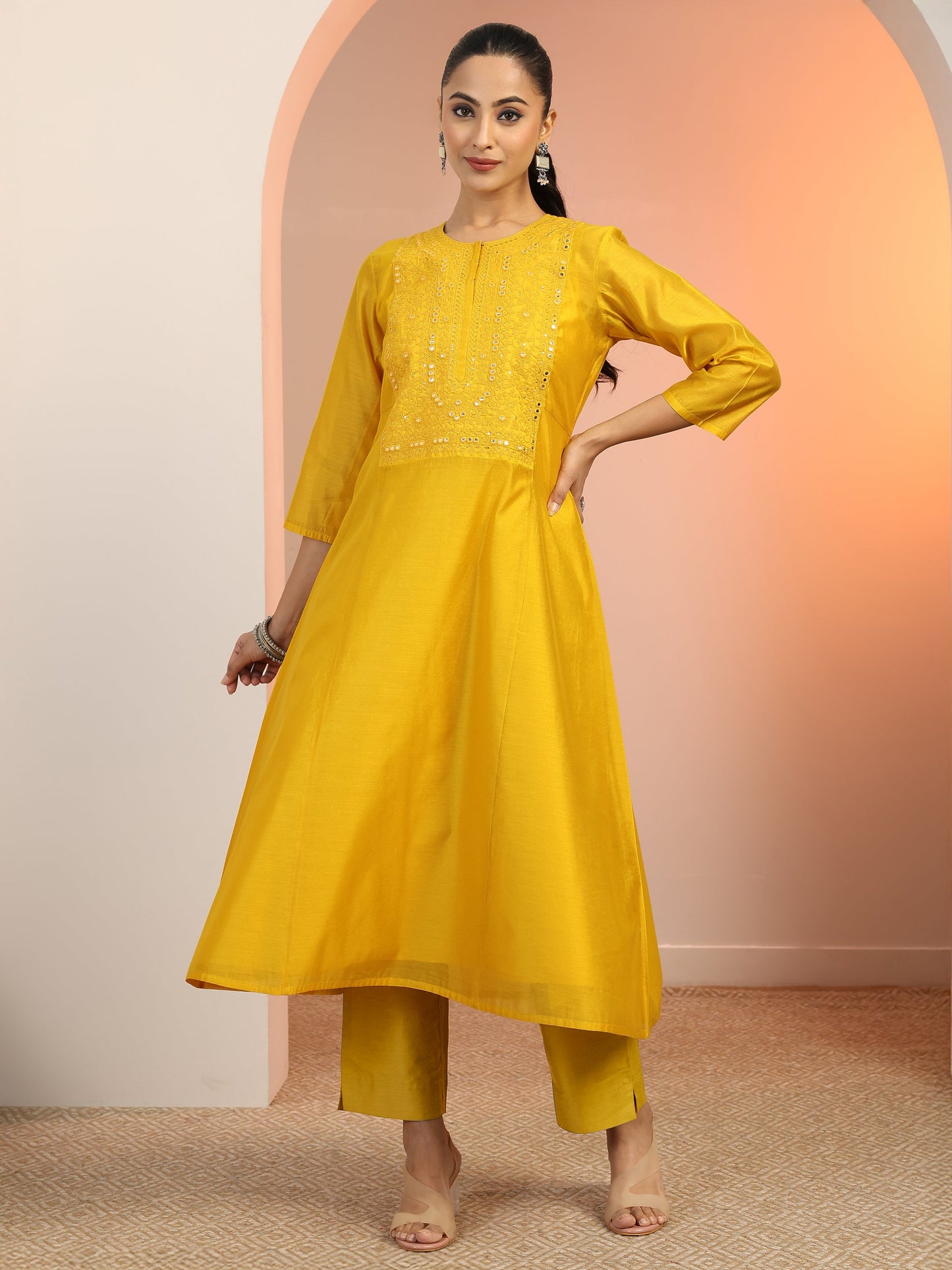 Yellow Embroidered Silk Blend A-Line Kurta