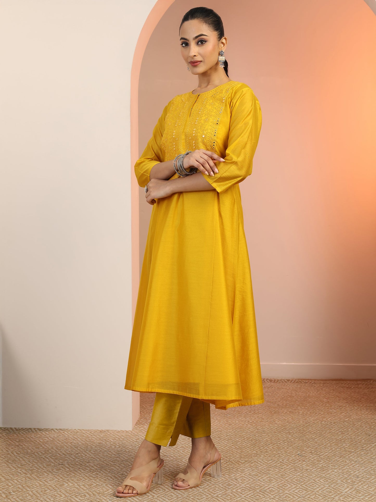 Yellow Embroidered Silk Blend A-Line Kurta
