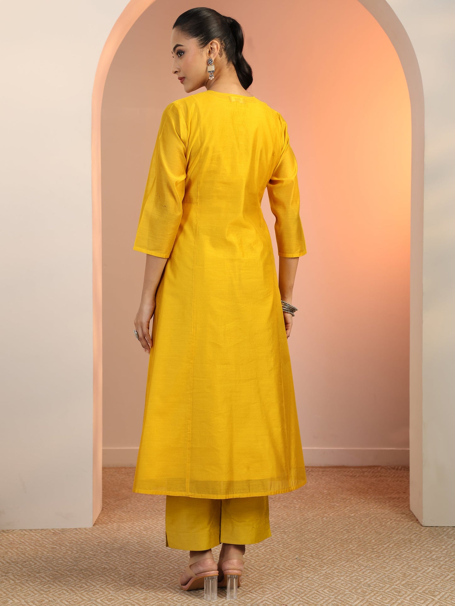 Yellow Embroidered Silk Blend A-Line Kurta