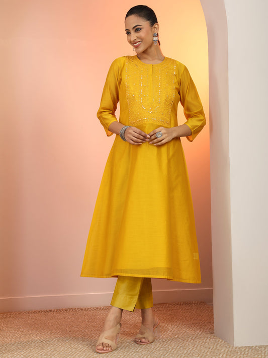 Yellow Embroidered Silk Blend A-Line Kurta