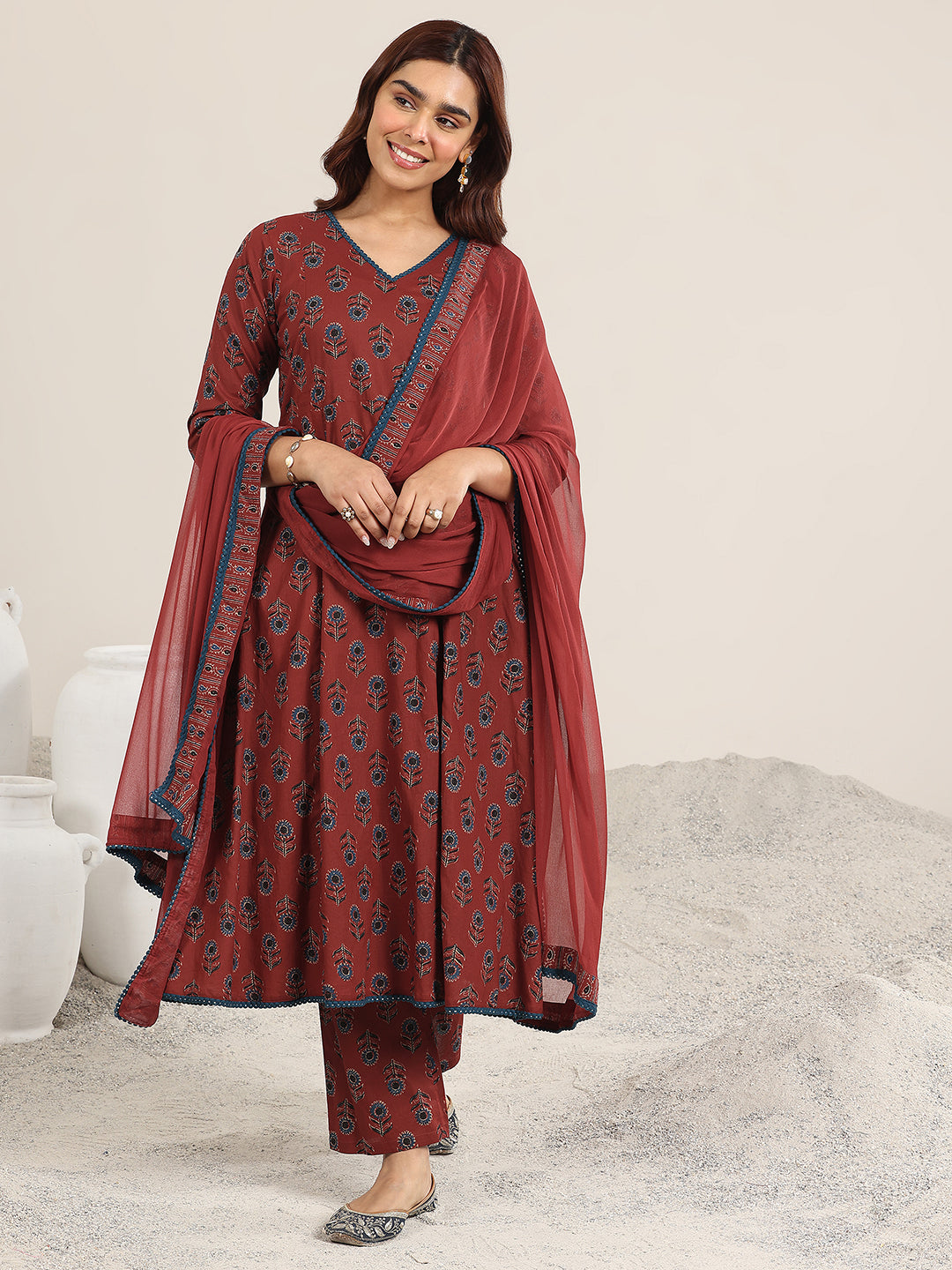 Maroon Printed Cotton A-Line Suit With Dupatta